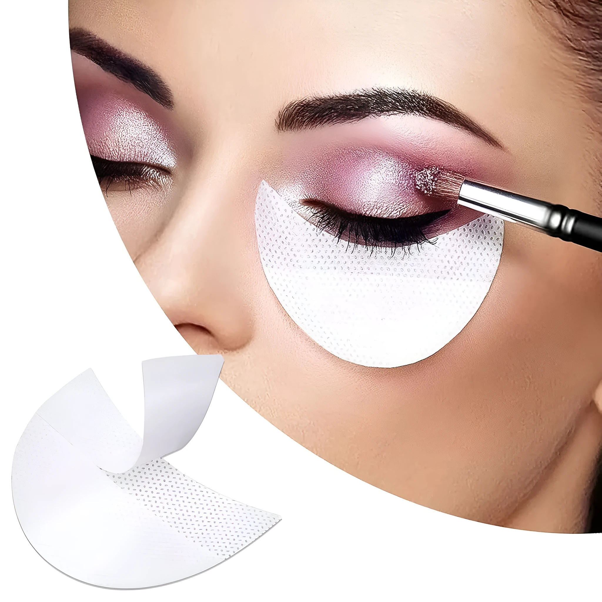 Pack of disposable half-moon shaped eyeshadow shields on a pink background