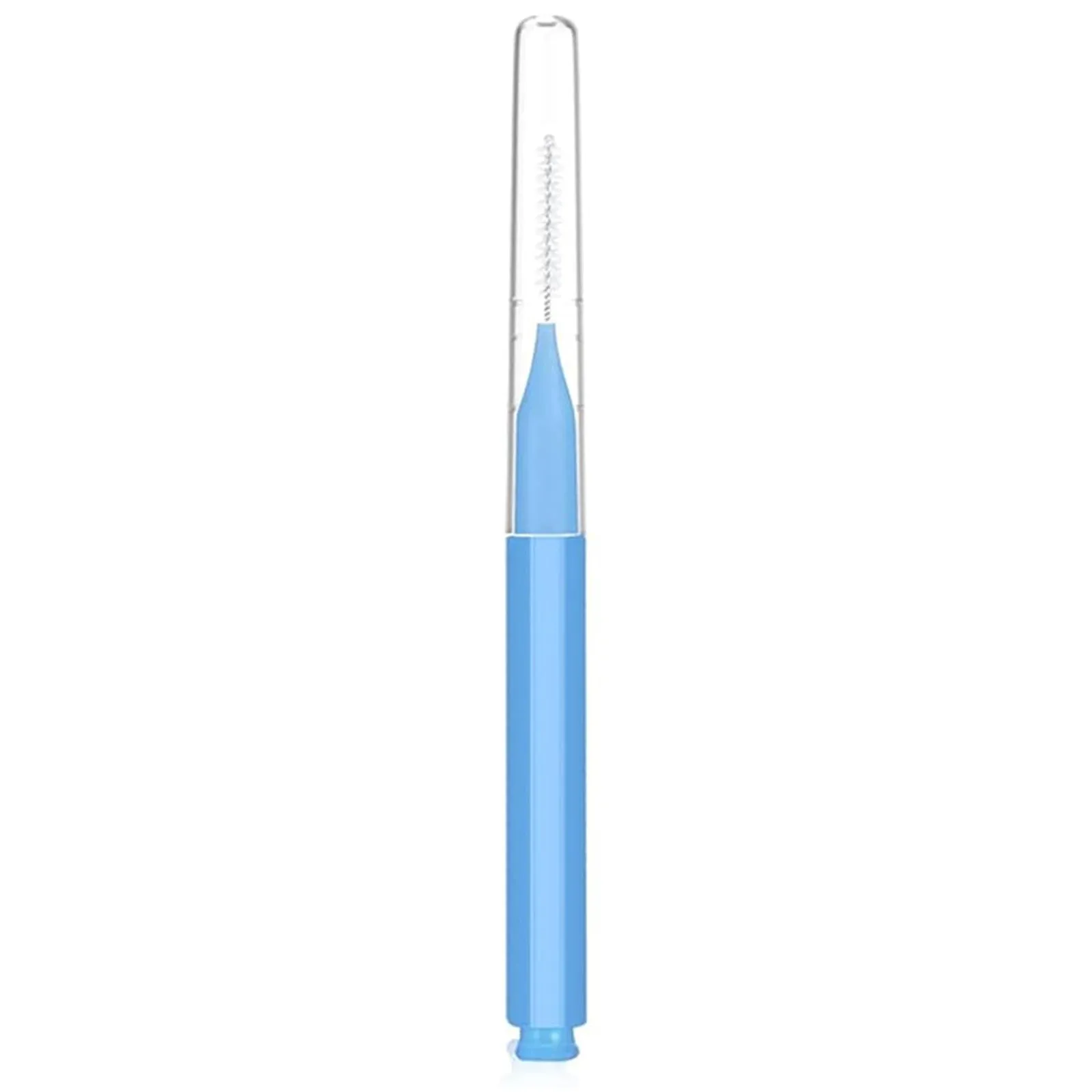 Set of micro eyebrow and lash brushes with protective caps in black, blue, purple, red, and white colours.