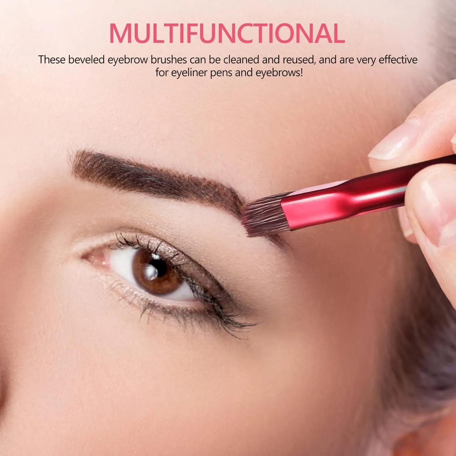 Square angled eyebrow brush with synthetic bristles and ergonomic handle