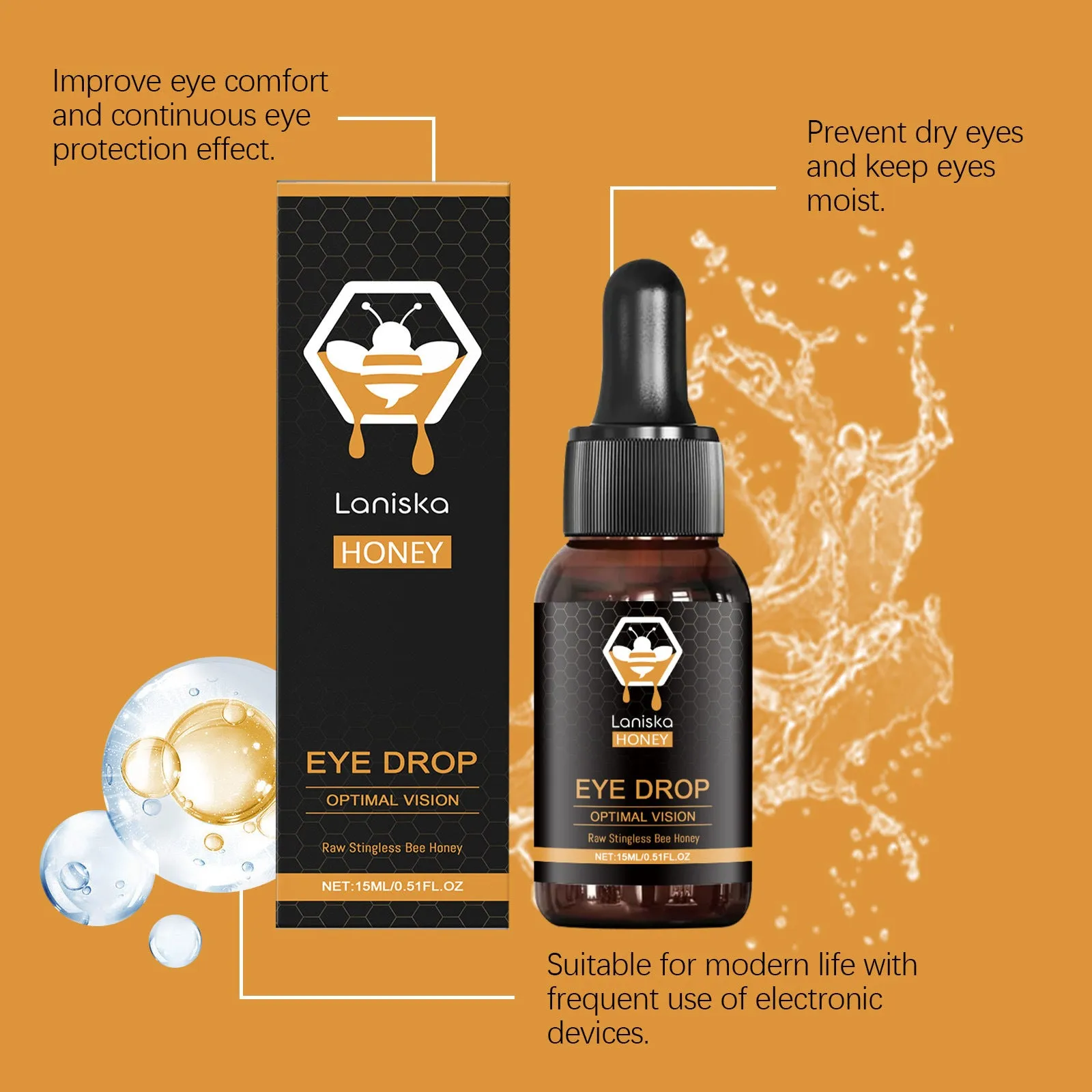 15ml bottle of honey and sodium hyaluronate eye drops for relieving eye fatigue.