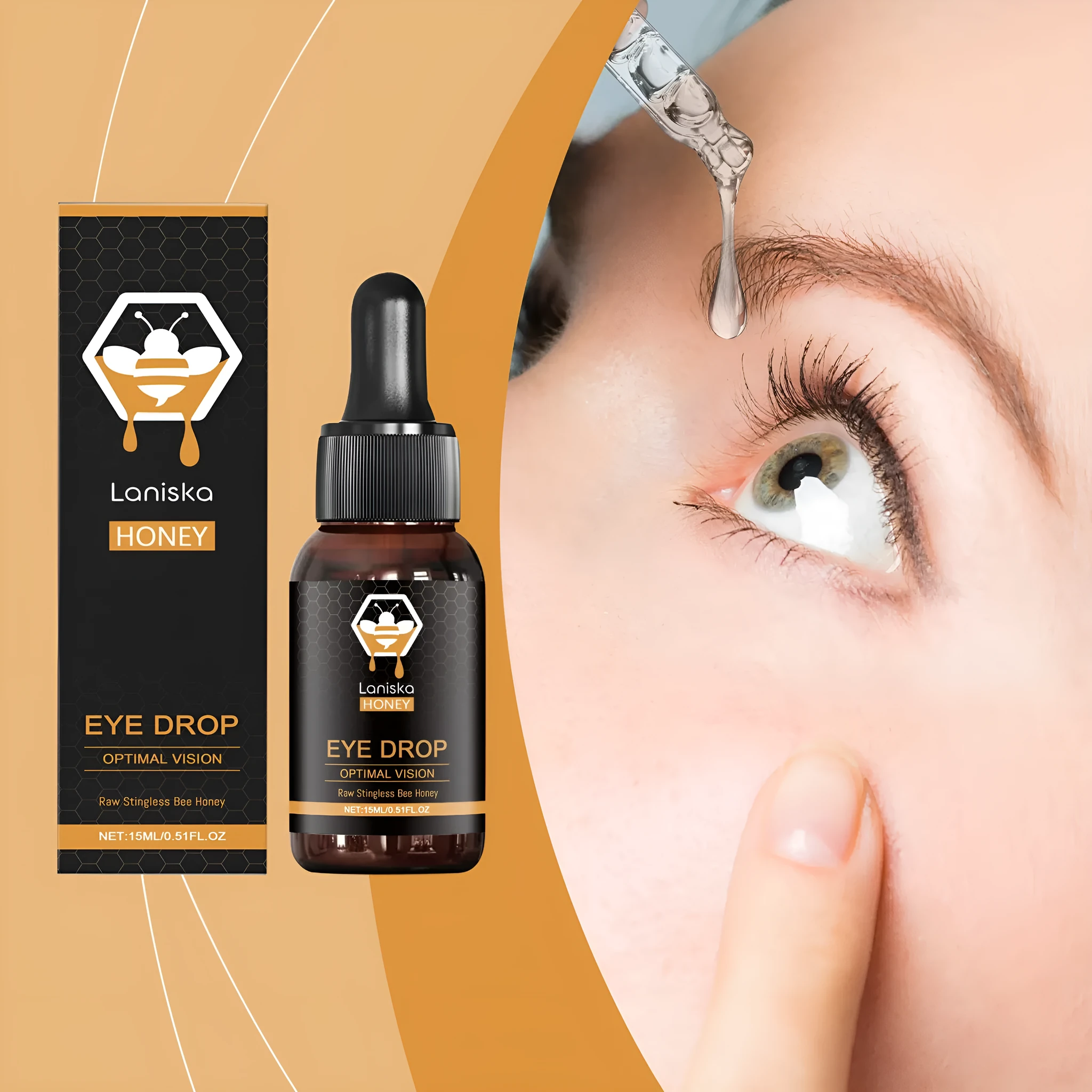 15ml bottle of honey and sodium hyaluronate eye drops for relieving eye fatigue.