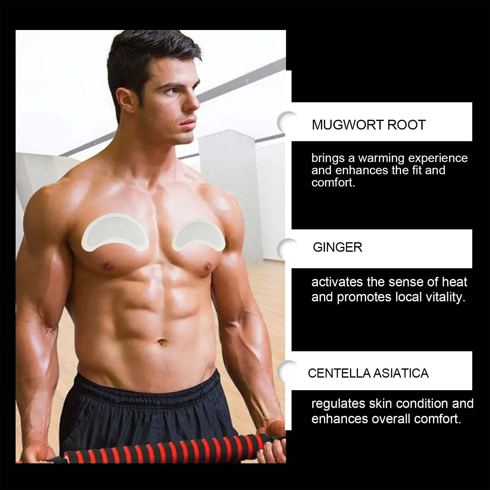 Four men's figure control chest patches on backing sheet, showing thin compact design
