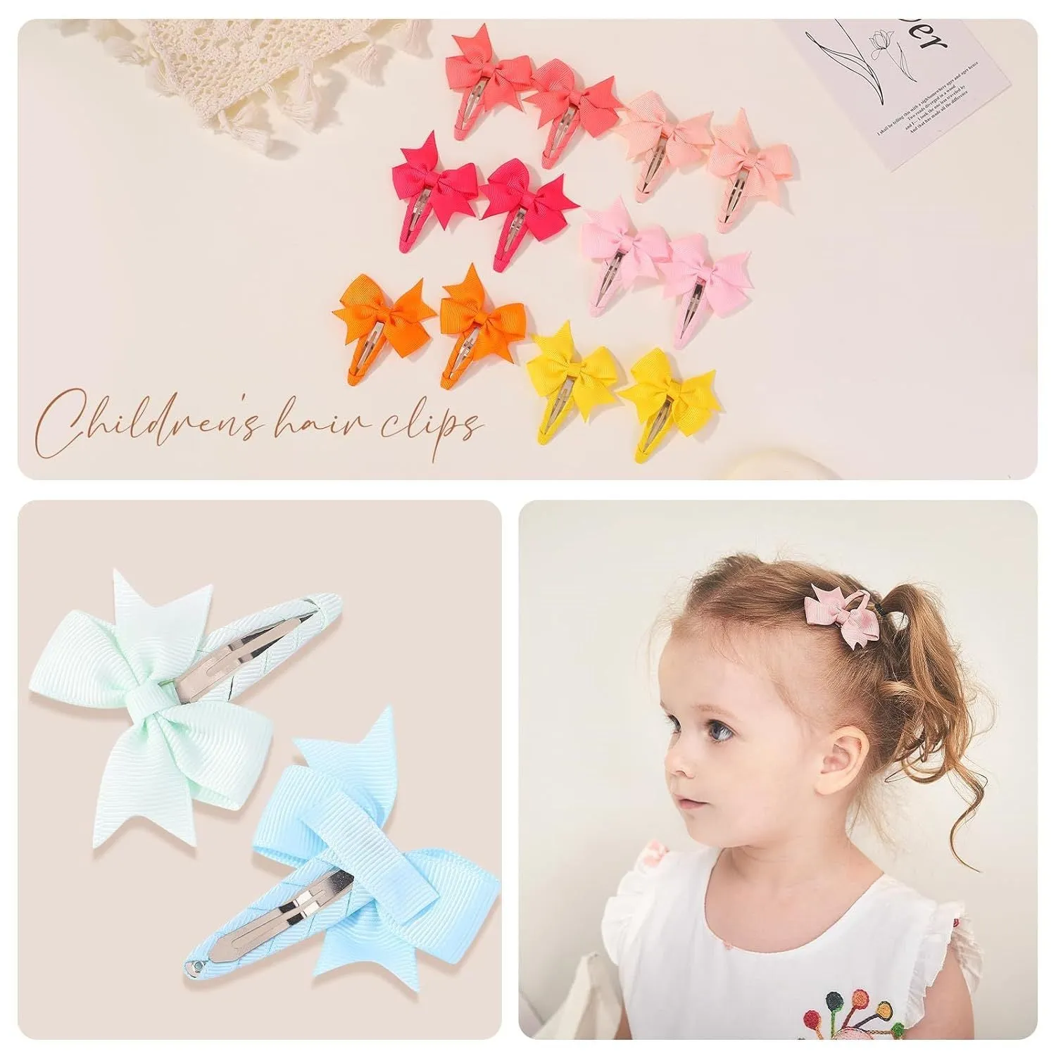 40 colourful grosgrain ribbon baby hair bows with soft wrapped snap clips.
