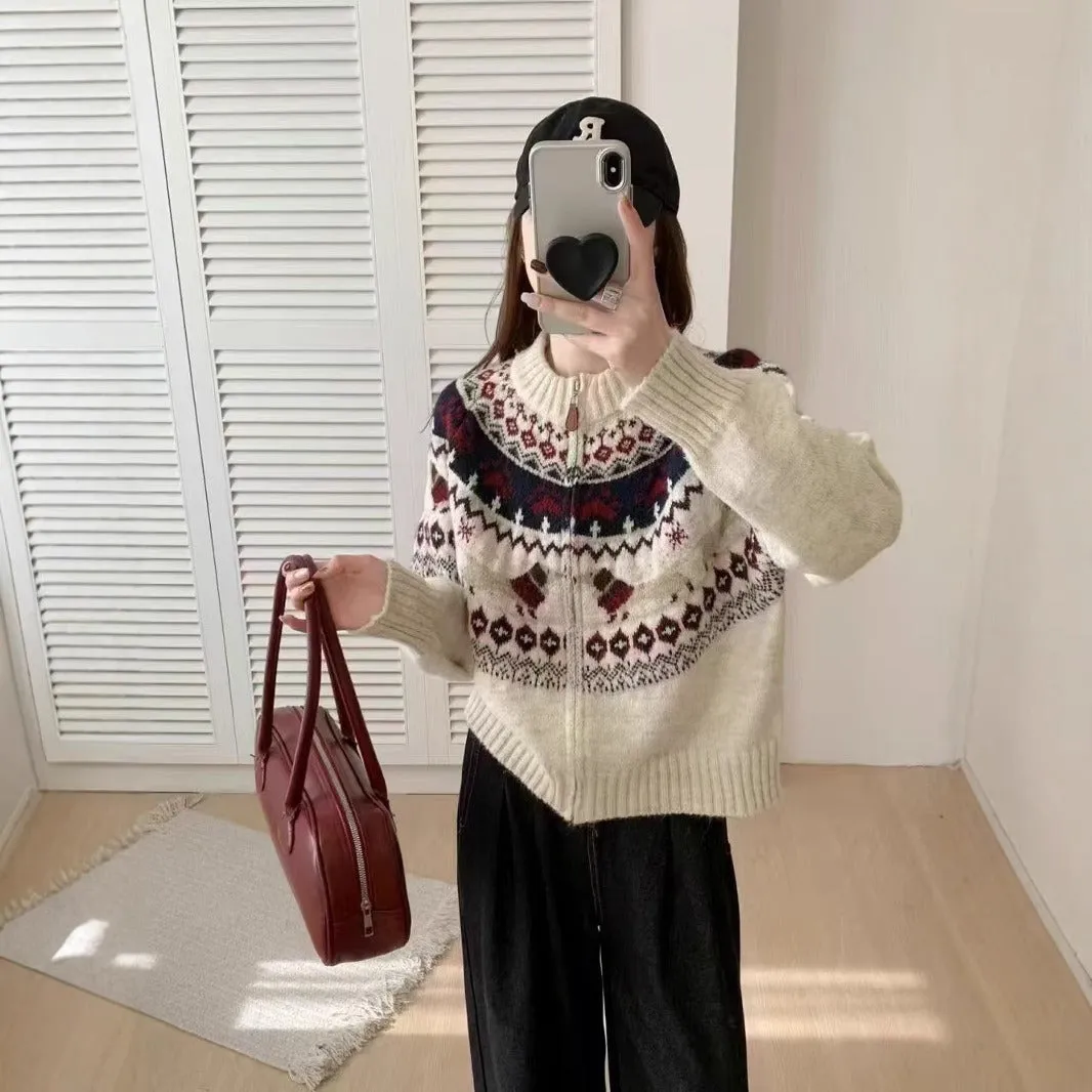 Ethnic style beige apricot pullover sweater with a 3D jacquard pattern and round neck.