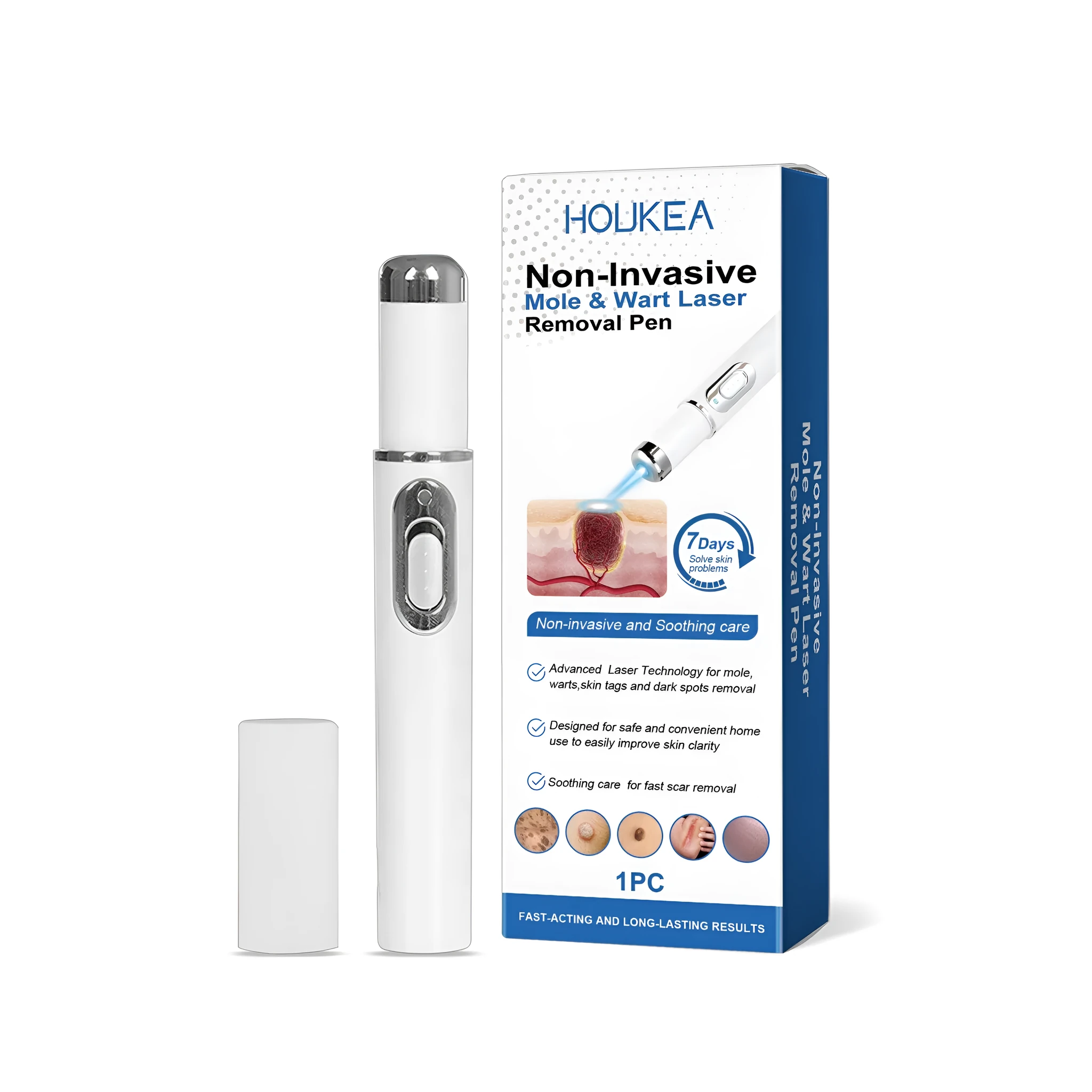 Handheld white ABS plastic laser removal pen with LED display screen on a grey background.