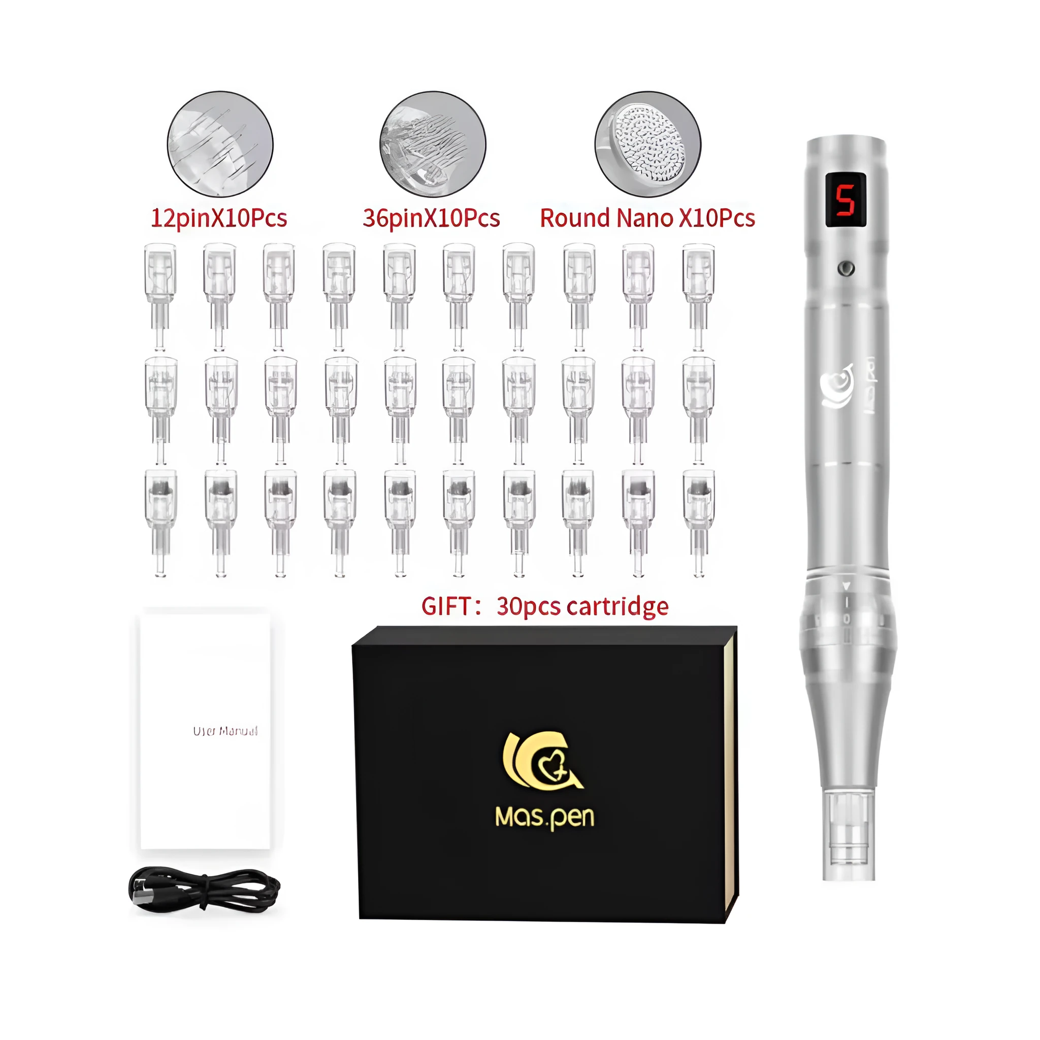 Electric handheld spiral mouth microneedle device with 30 nano needle cartridges