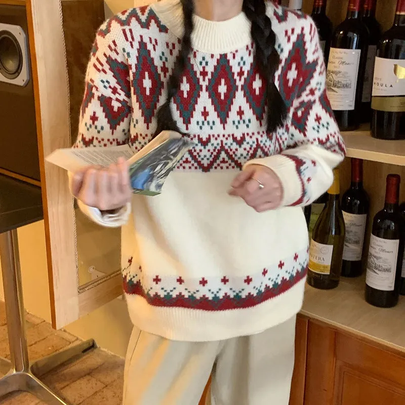 Red and white striped loose retro pullover knitted top with long sleeves.
