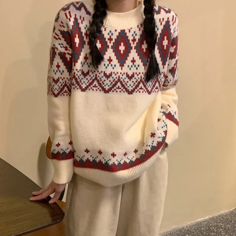 Red and white striped loose retro pullover knitted top with long sleeves.
