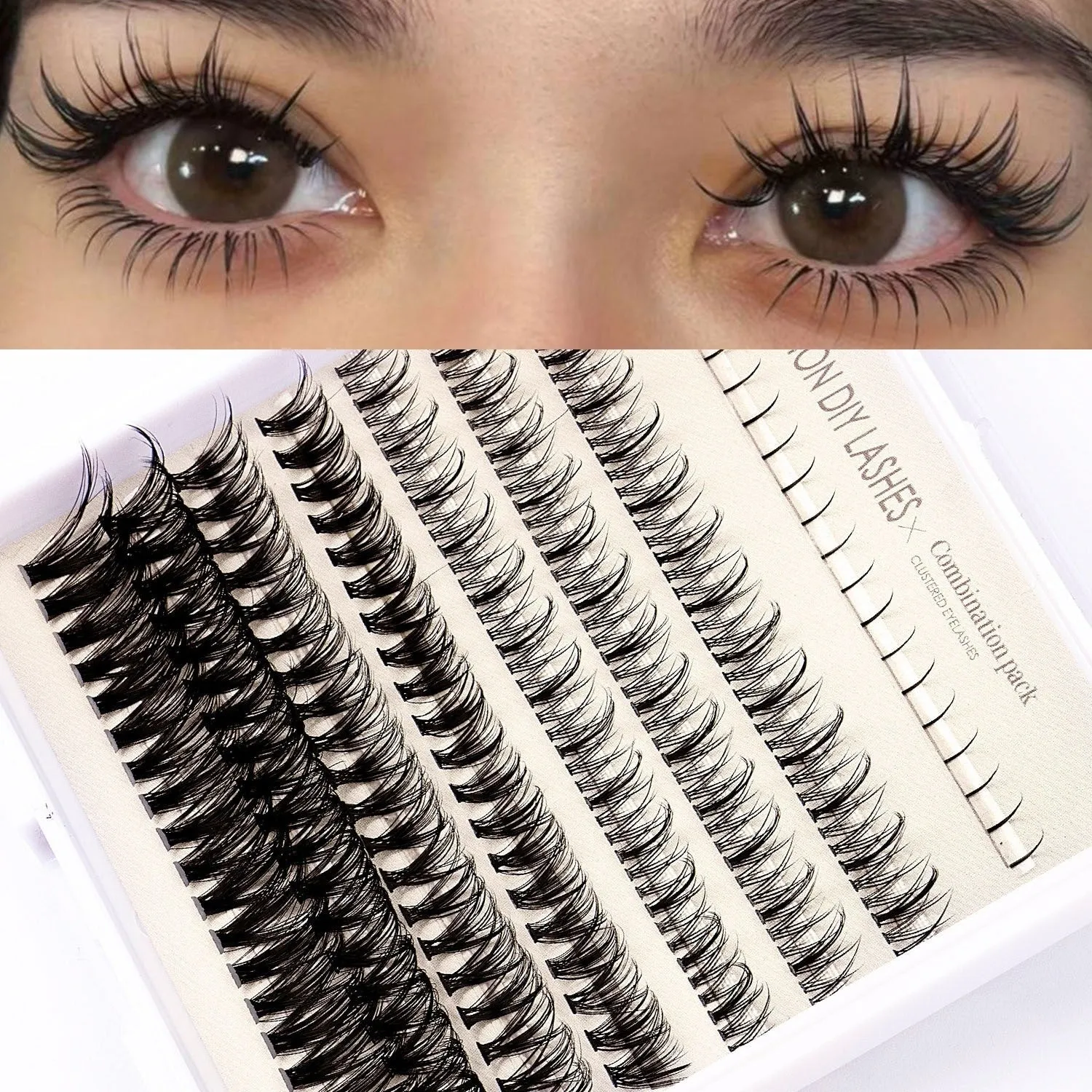 Segmented false eyelash kit open showing lashes, pink and black glue pots, tweezers, and an applicator brush.