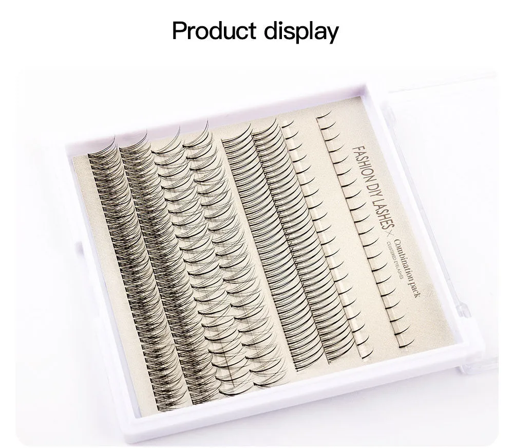Segmented false eyelash kit open showing lashes, pink and black glue pots, tweezers, and an applicator brush.