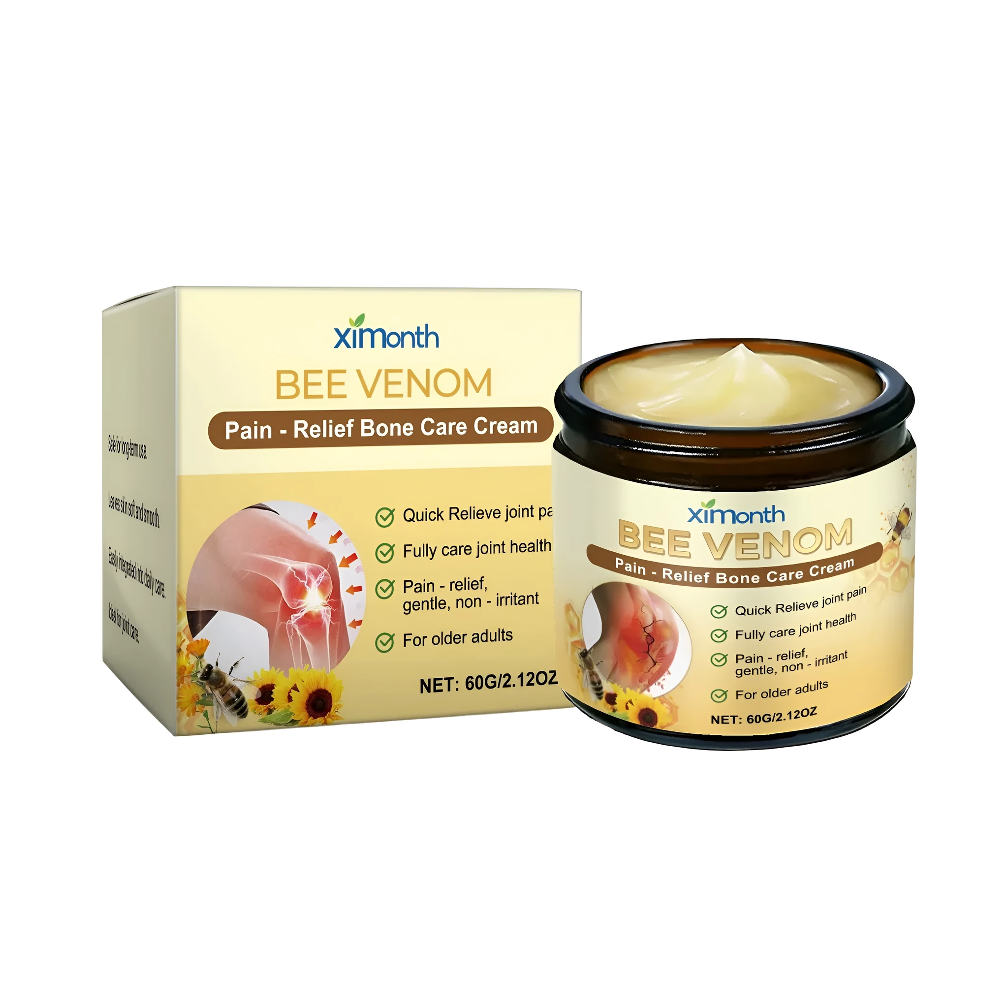 A 60g tube of bee venom and arnica joint pain relief cream for topical muscular and joint comfort.