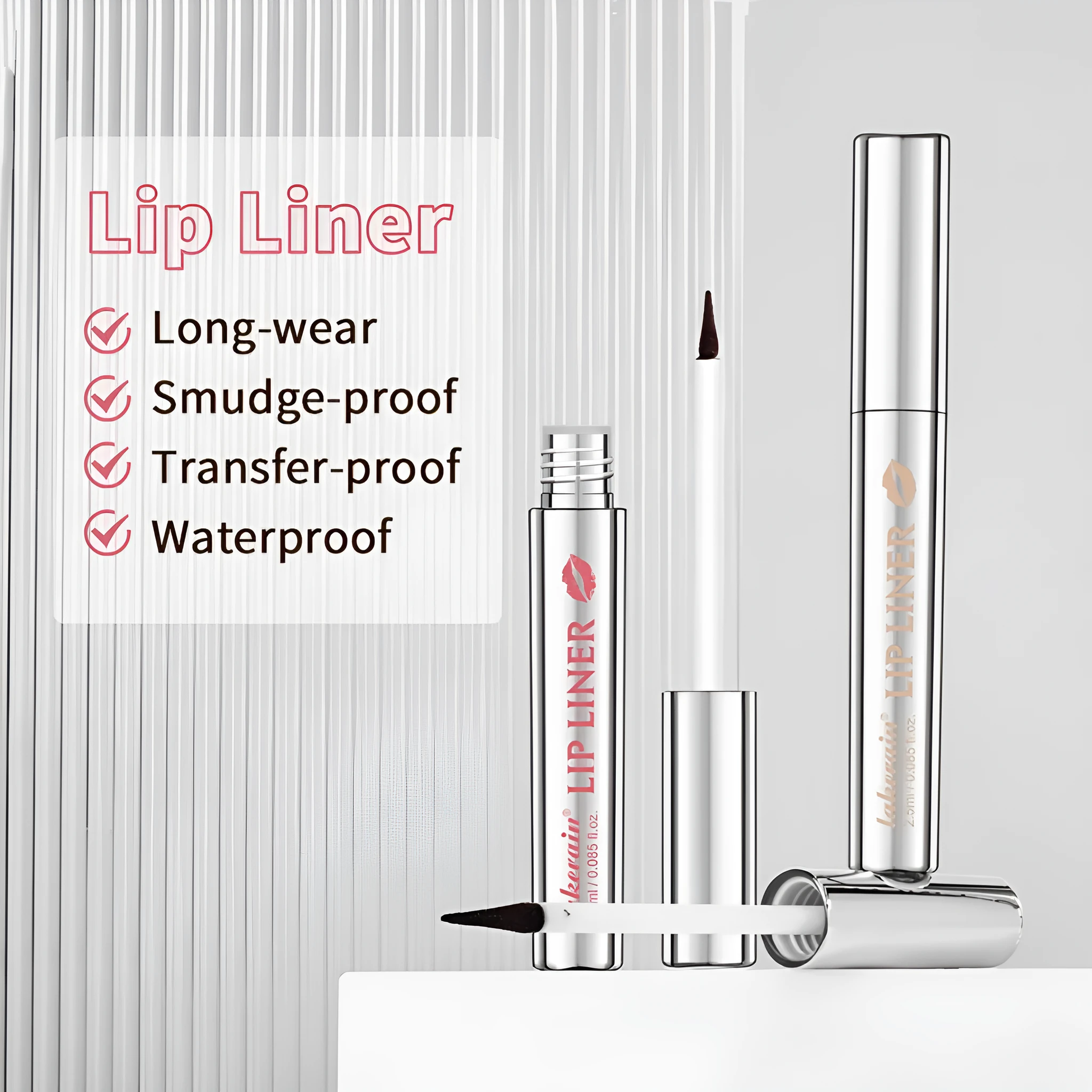 Matte finish pointed toe lip liner pencil with tear and pull design shown in rose pink colour