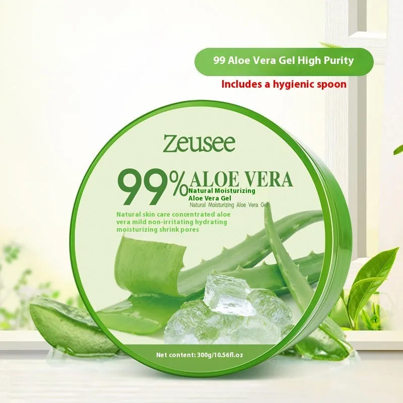 Jar of 98% or 99% aloe vera gel facial moisturiser with a spoon for acne control and post-sun repair.