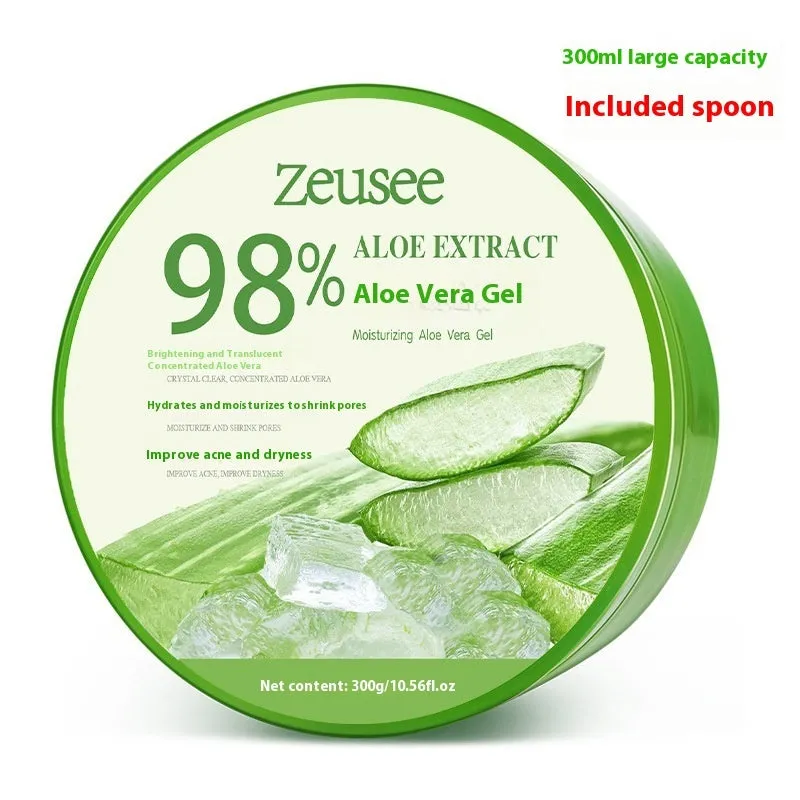 Jar of 98% or 99% aloe vera gel facial moisturiser with a spoon for acne control and post-sun repair.