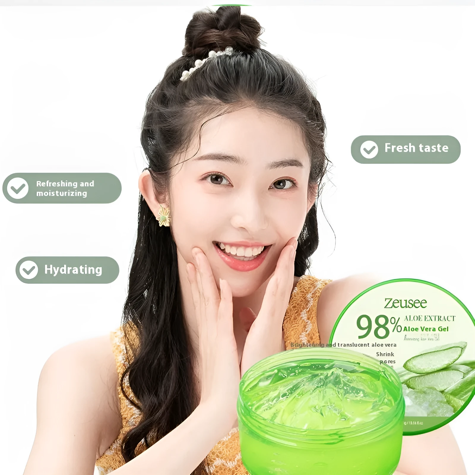 Jar of 98% or 99% aloe vera gel facial moisturiser with a spoon for acne control and post-sun repair.