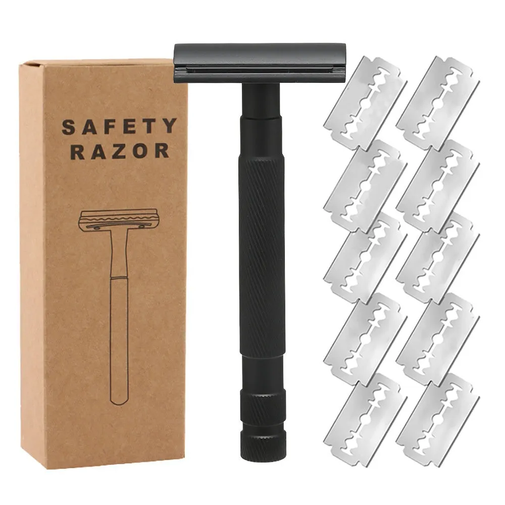 Old style manual double-sided alloy safety razor with replacement blades and cleaning brush on a table.