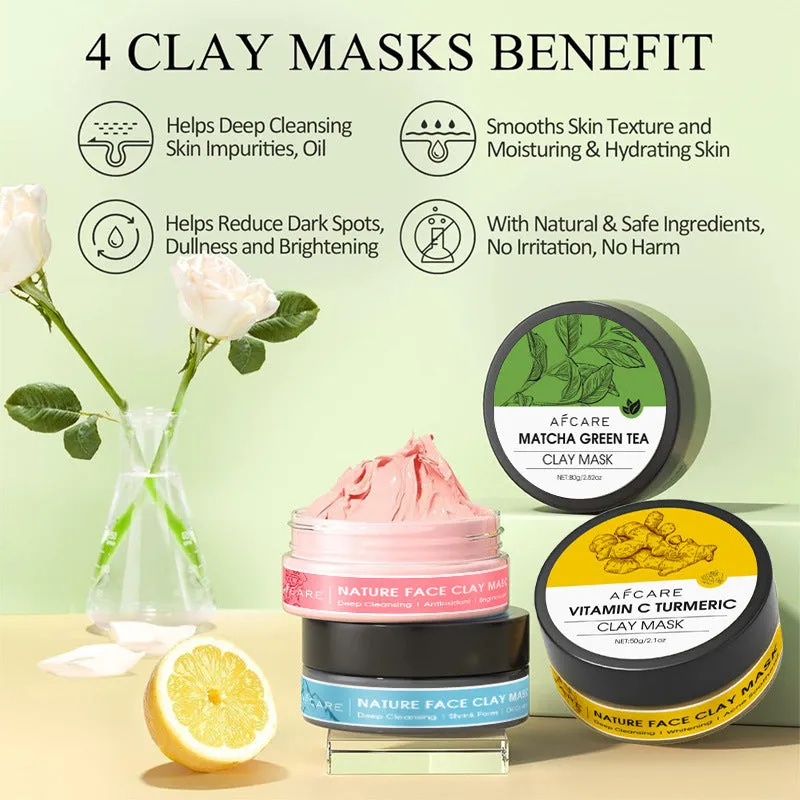 4-pack set of Dead Sea mud clay face masks with green tea, turmeric and rose clay ingredients