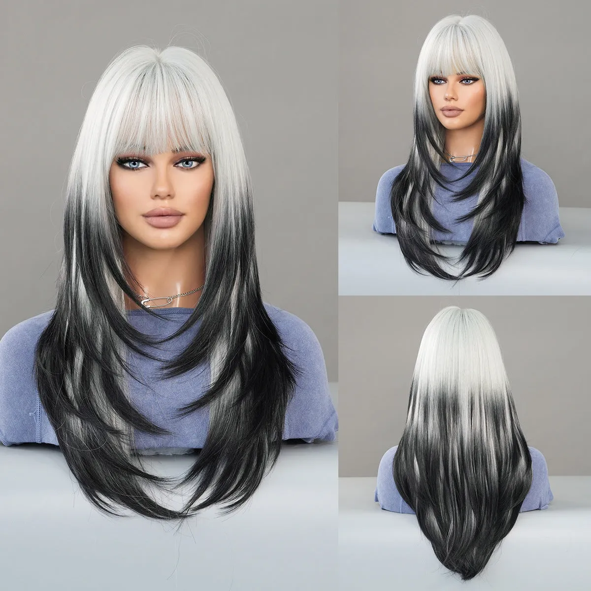 Long straight vanilla green women's wig with full bangs, 63cm length.