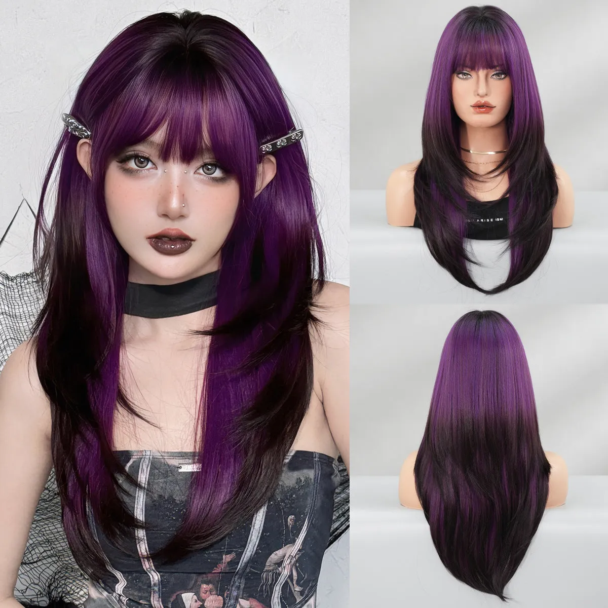 Long straight vanilla green women's wig with full bangs, 63cm length.