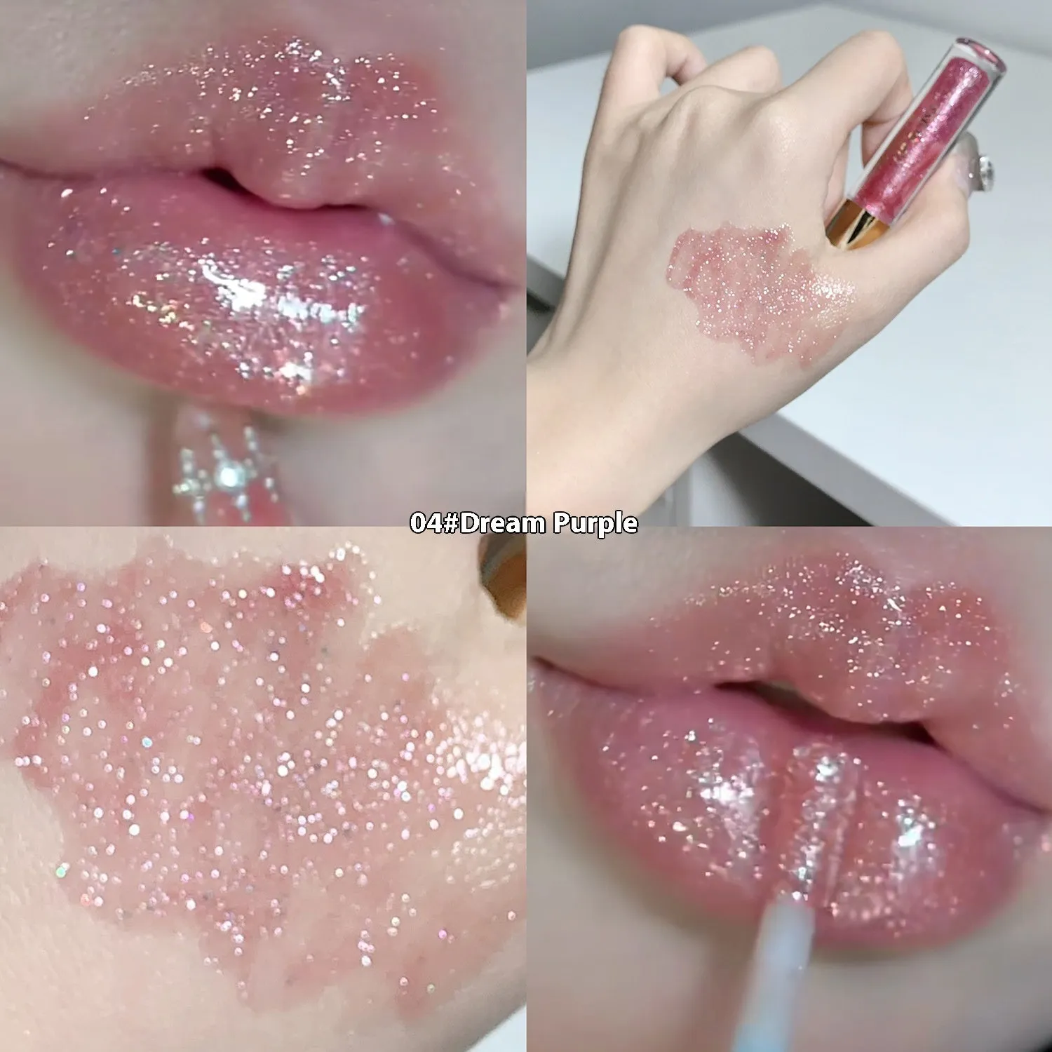 Shanuo Flash Lip Gloss tube showing five colour shades: cherry blossom pink, gold flash, peach, purple, and berry red.