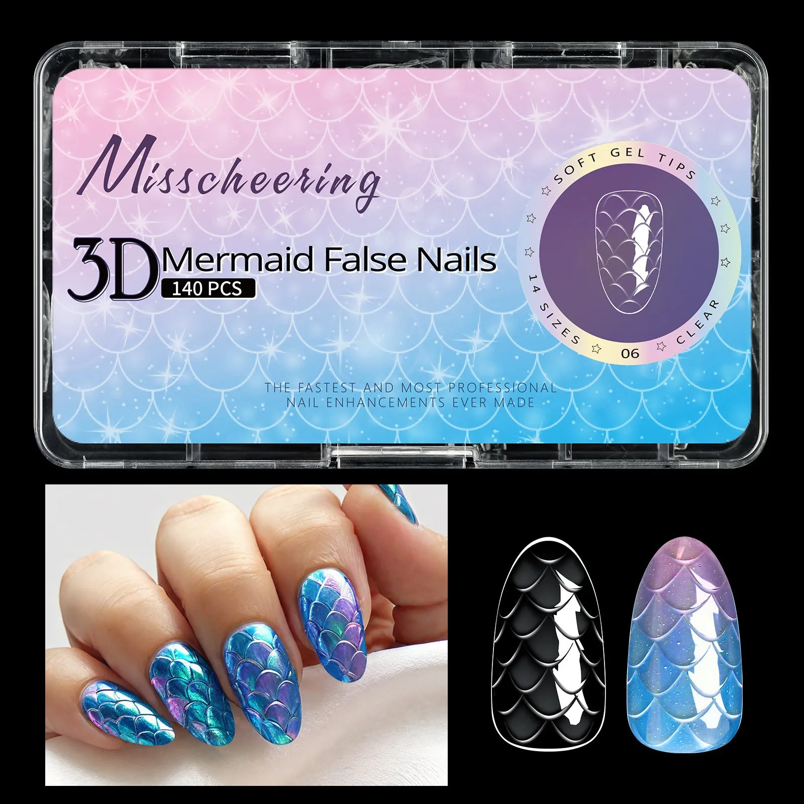3D scale textured long shaping artificial nail tips in a Frigate box, showing colour mix options 01 to 07.