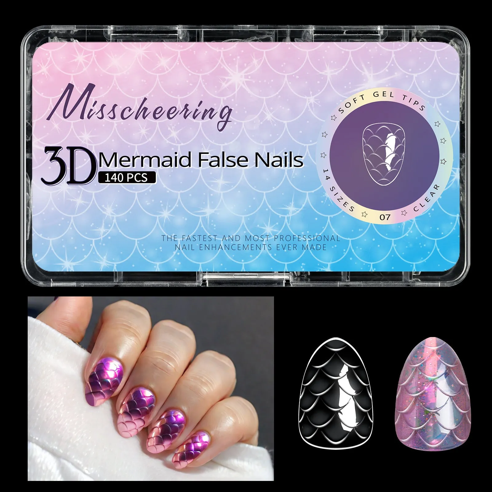 3D scale textured long shaping artificial nail tips in a Frigate box, showing colour mix options 01 to 07.