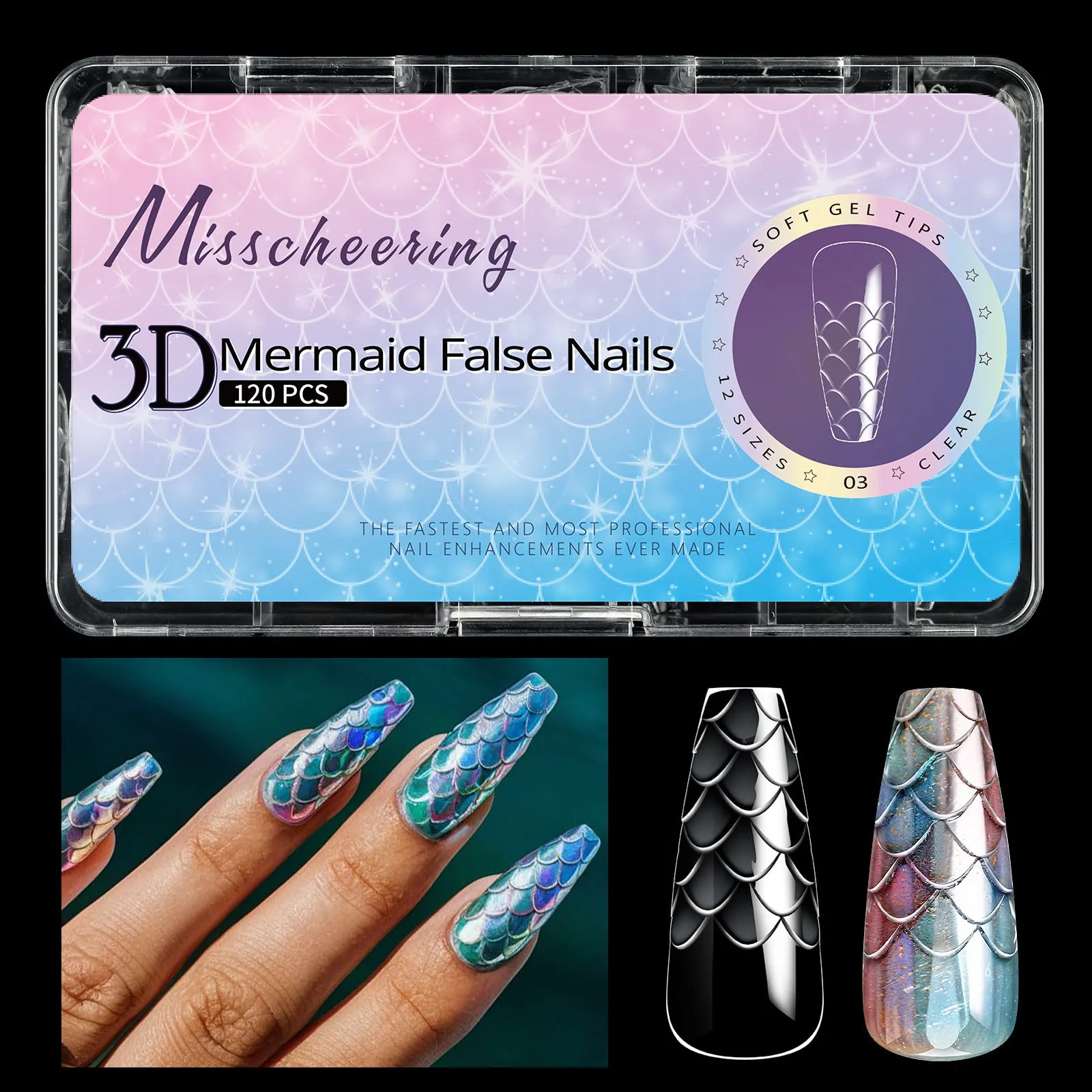 3D scale textured long shaping artificial nail tips in a Frigate box, showing colour mix options 01 to 07.