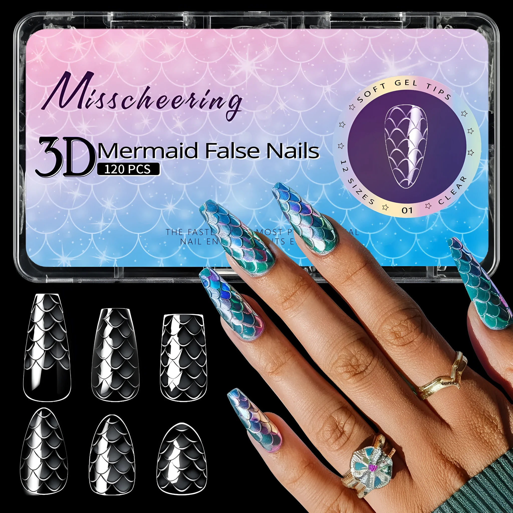 3D scale textured long shaping artificial nail tips in a Frigate box, showing colour mix options 01 to 07.