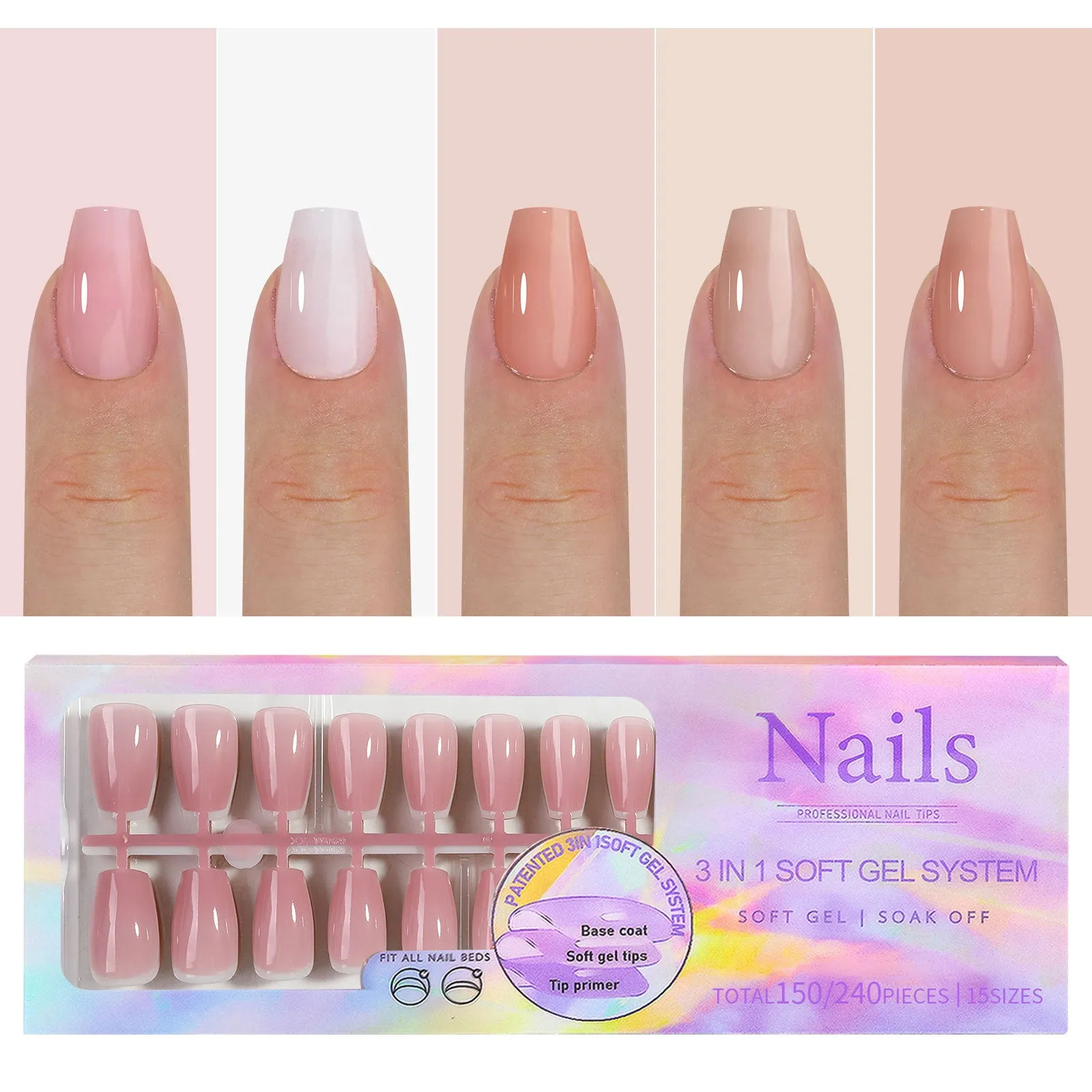 Removable nude nail stickers in 5-colour bare sets with ultra-thin seamless wear armour style