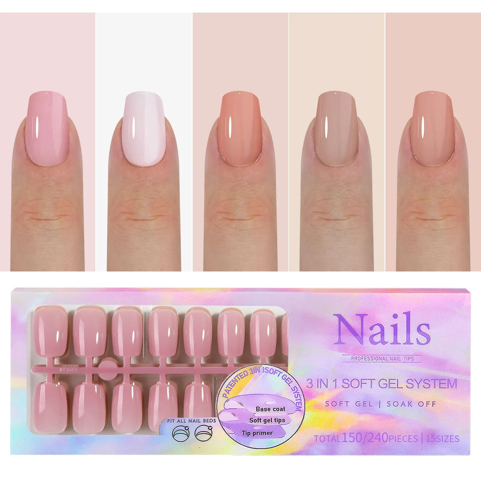 Removable nude nail stickers in 5-colour bare sets with ultra-thin seamless wear armour style