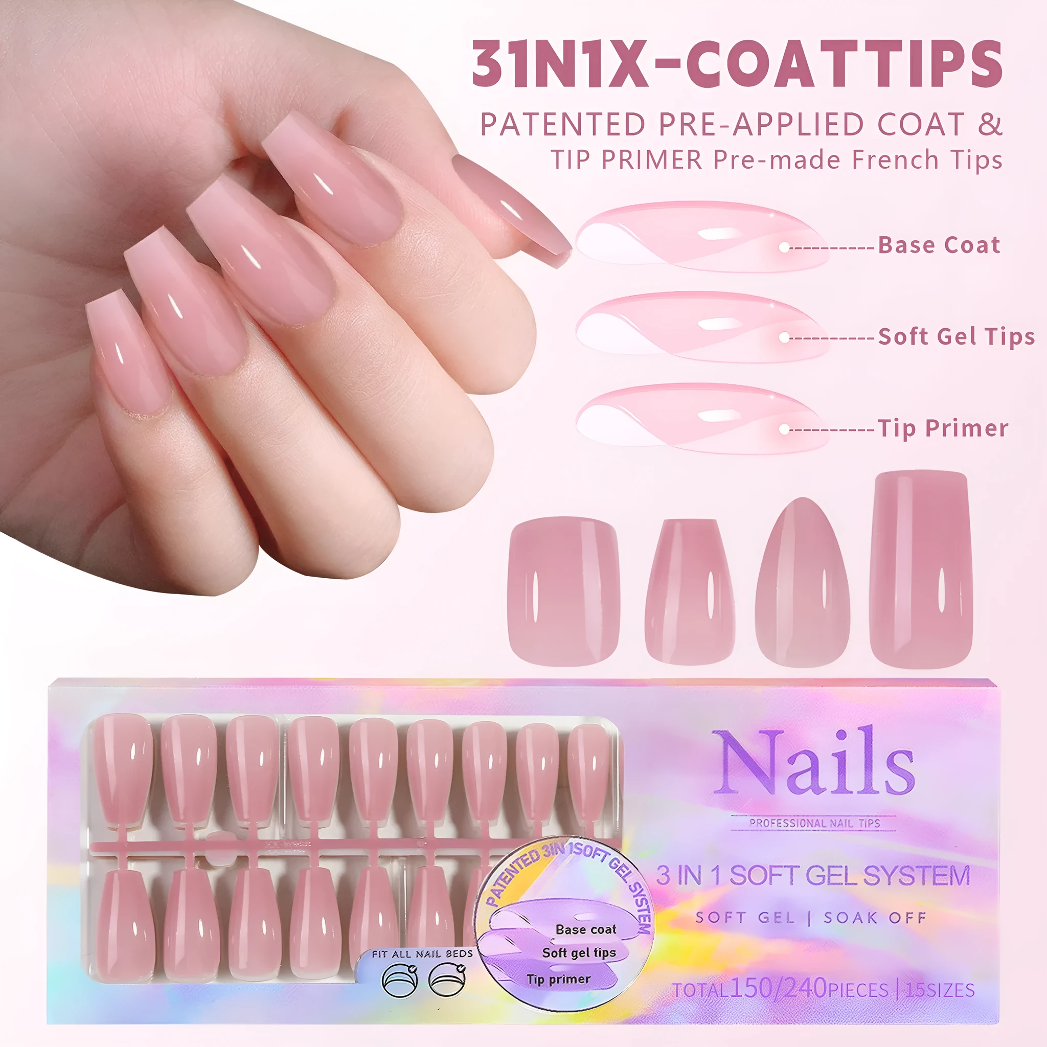 Removable nude nail stickers in 5-colour bare sets with ultra-thin seamless wear armour style