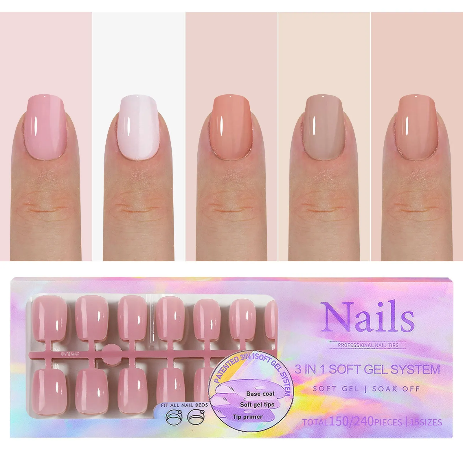 Removable nude nail stickers in 5-colour bare sets with ultra-thin seamless wear armour style