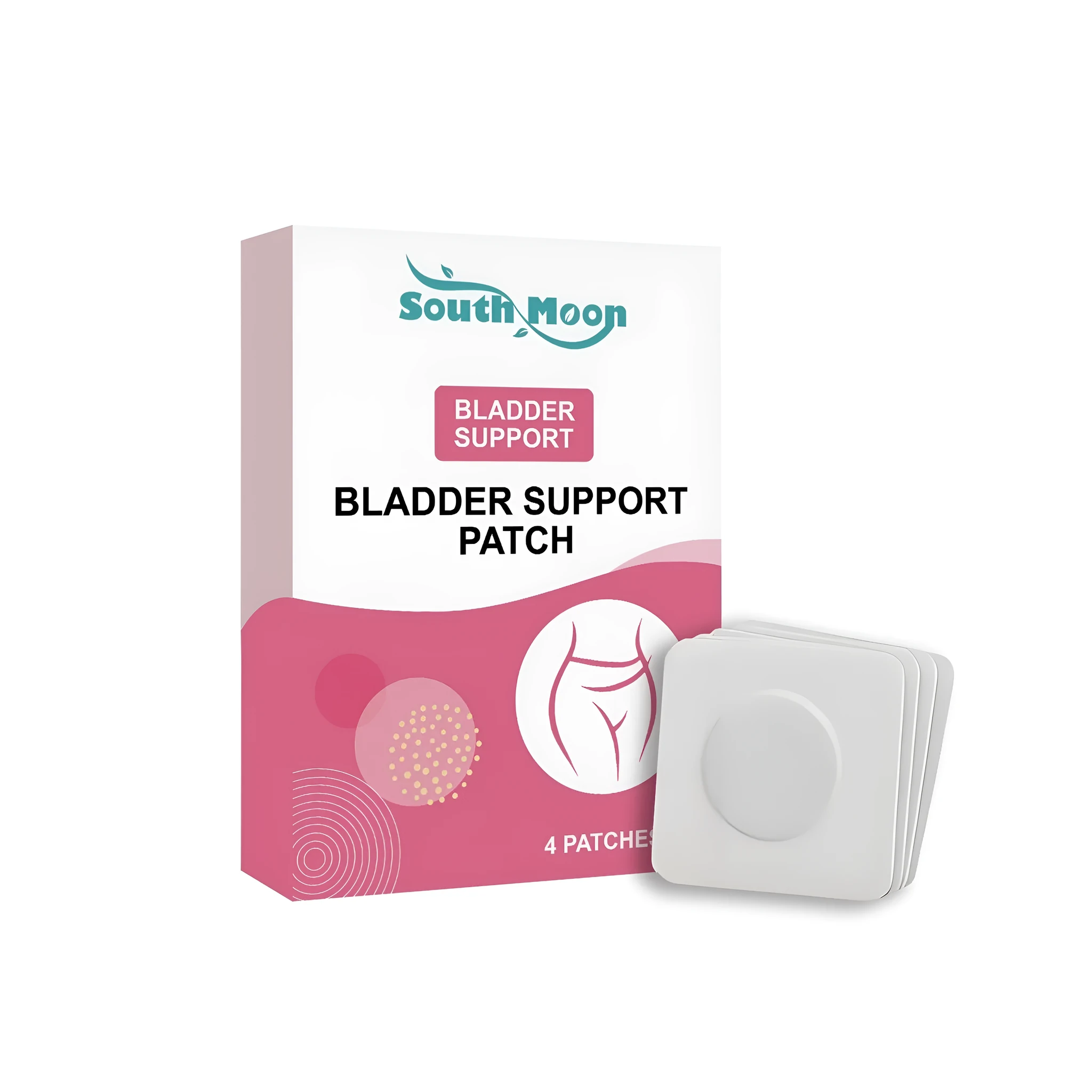 Four-pack of white adhesive bladder care patches with botanical ingredient labelling.