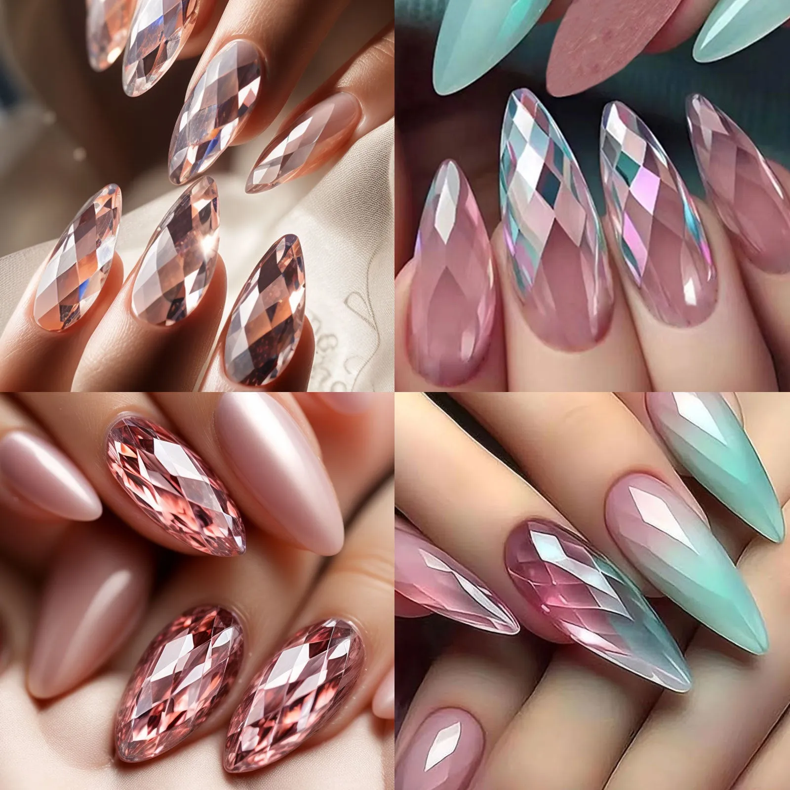 3D diamond design long nail tips in twelve colour variations, 120-140 pieces per box