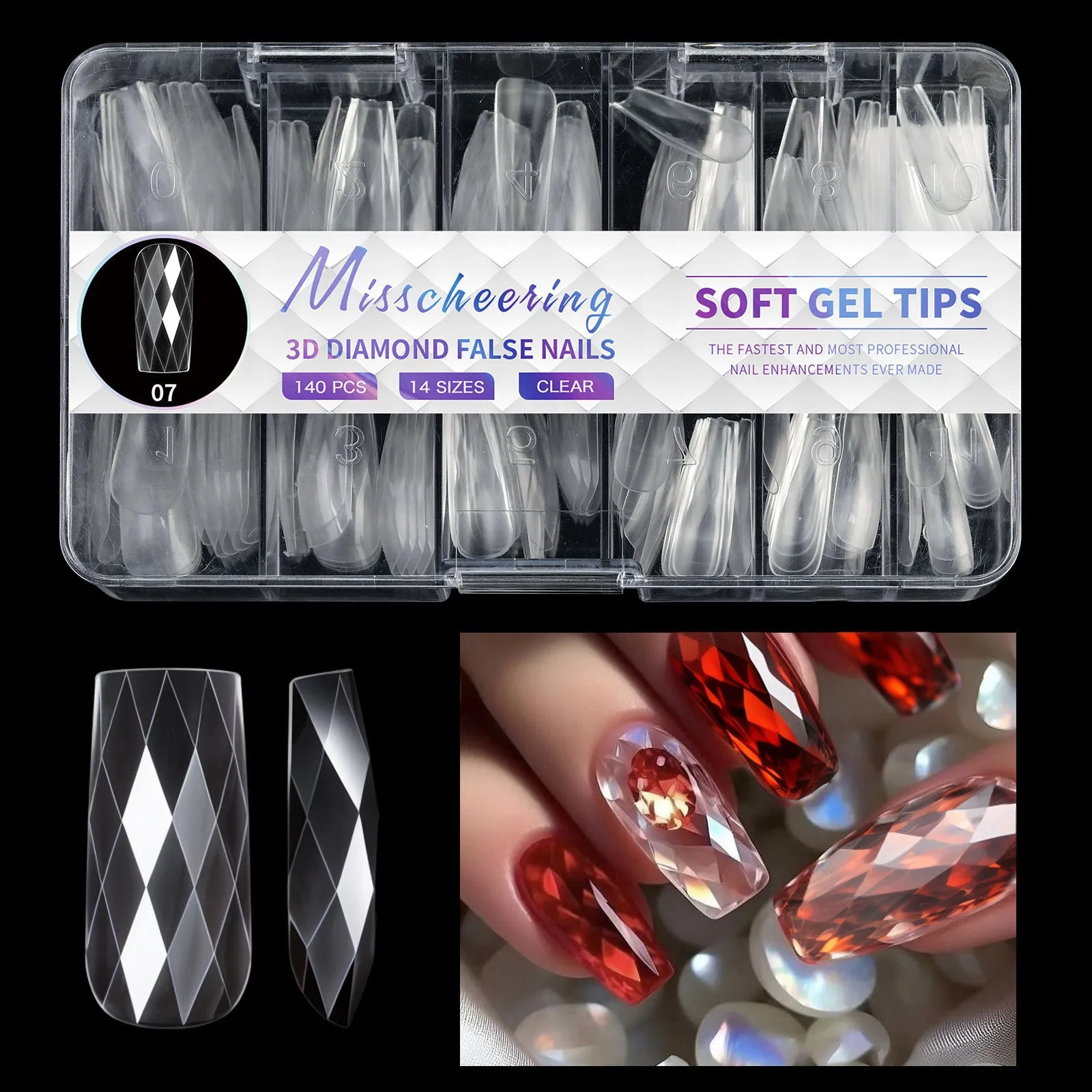 3D diamond design long nail tips in twelve colour variations, 120-140 pieces per box