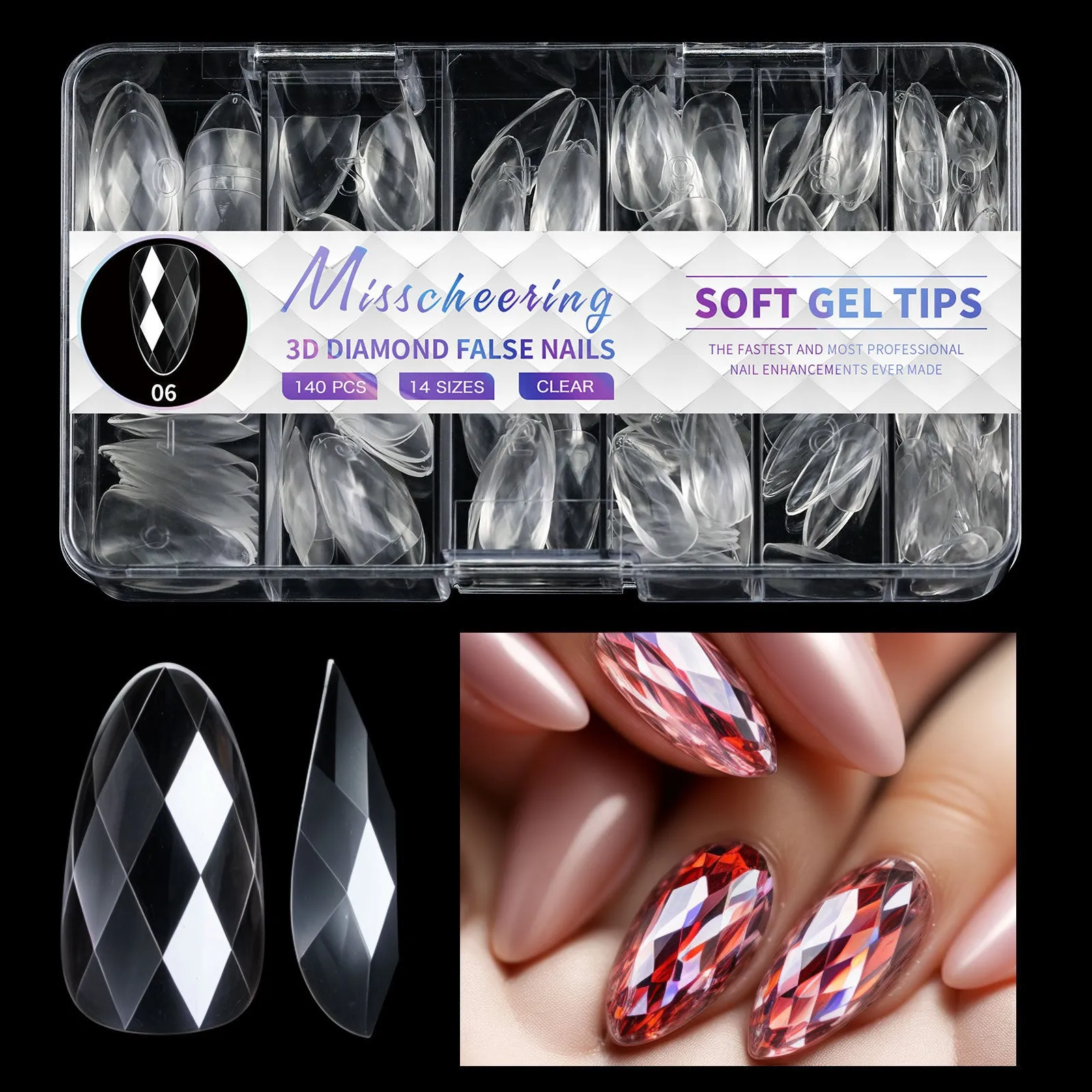 3D diamond design long nail tips in twelve colour variations, 120-140 pieces per box