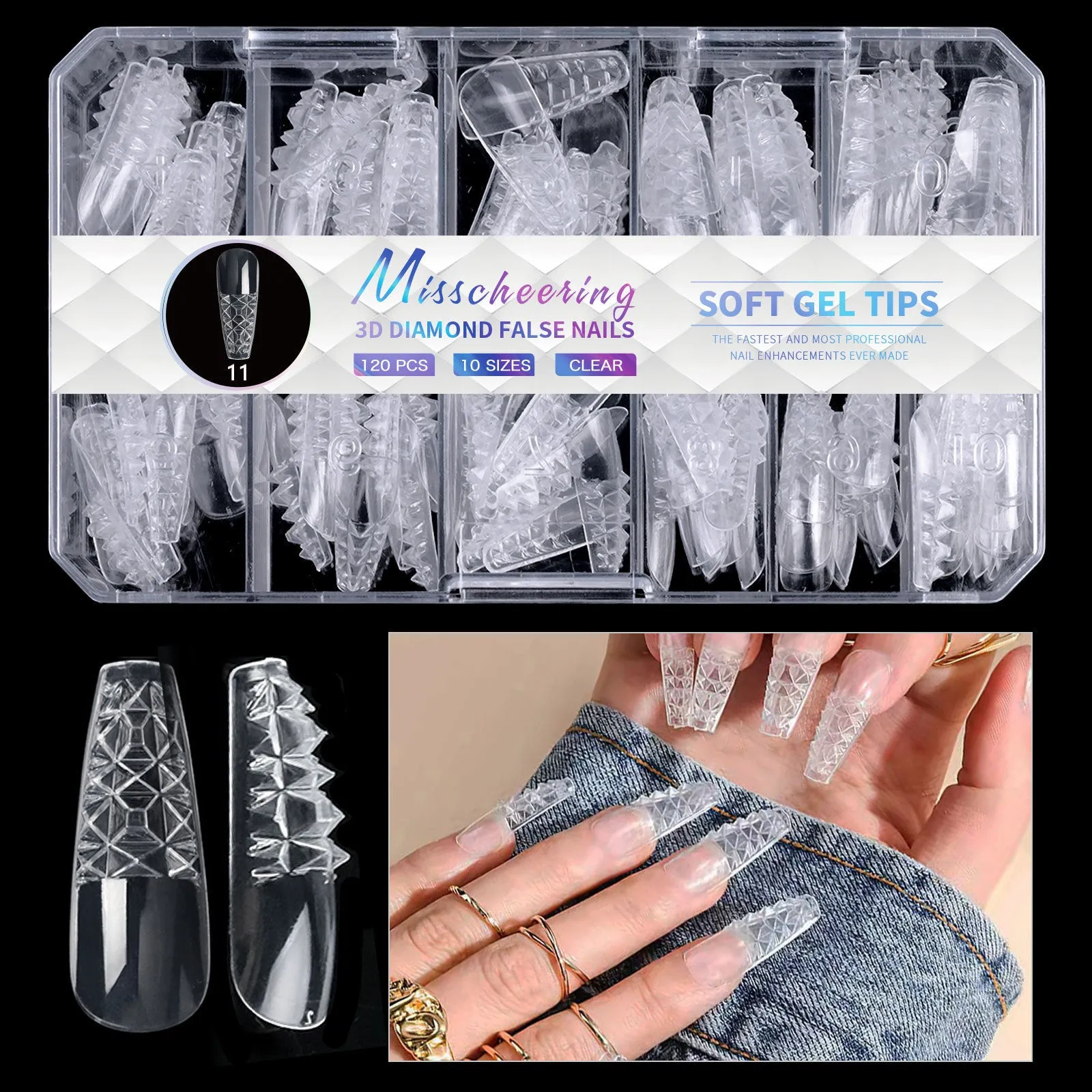 3D diamond design long nail tips in twelve colour variations, 120-140 pieces per box