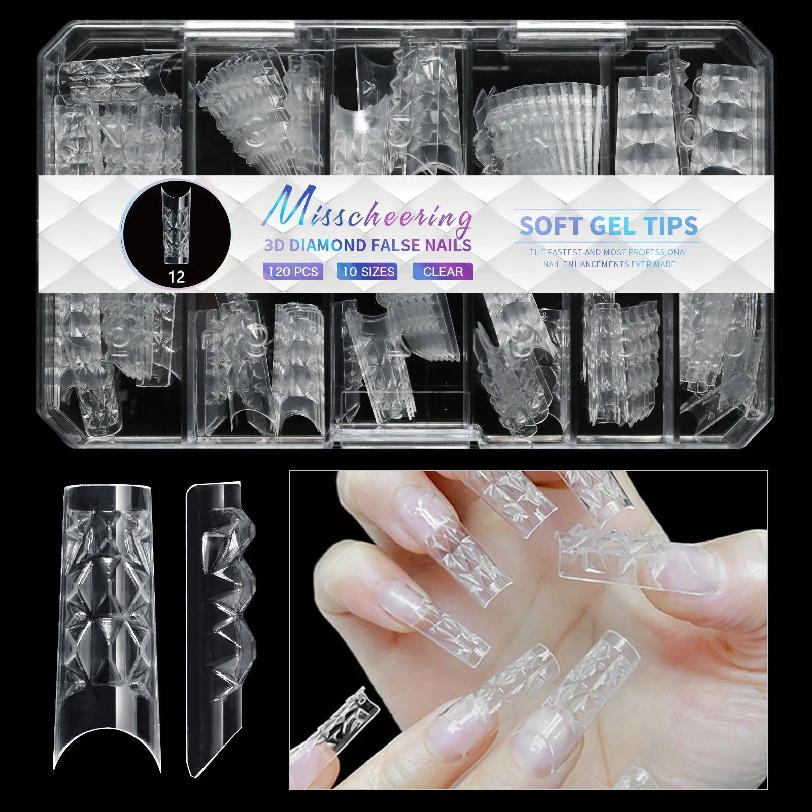 3D diamond design long nail tips in twelve colour variations, 120-140 pieces per box