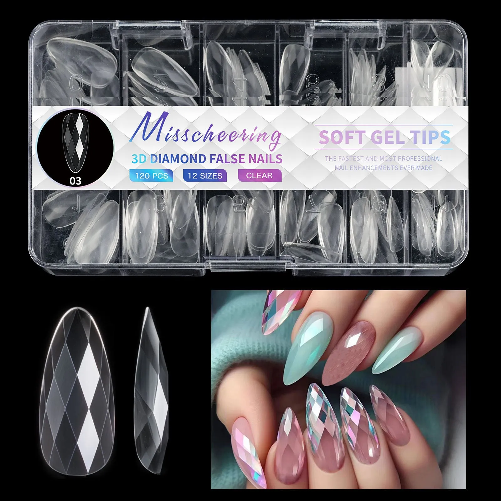 3D diamond design long nail tips in twelve colour variations, 120-140 pieces per box