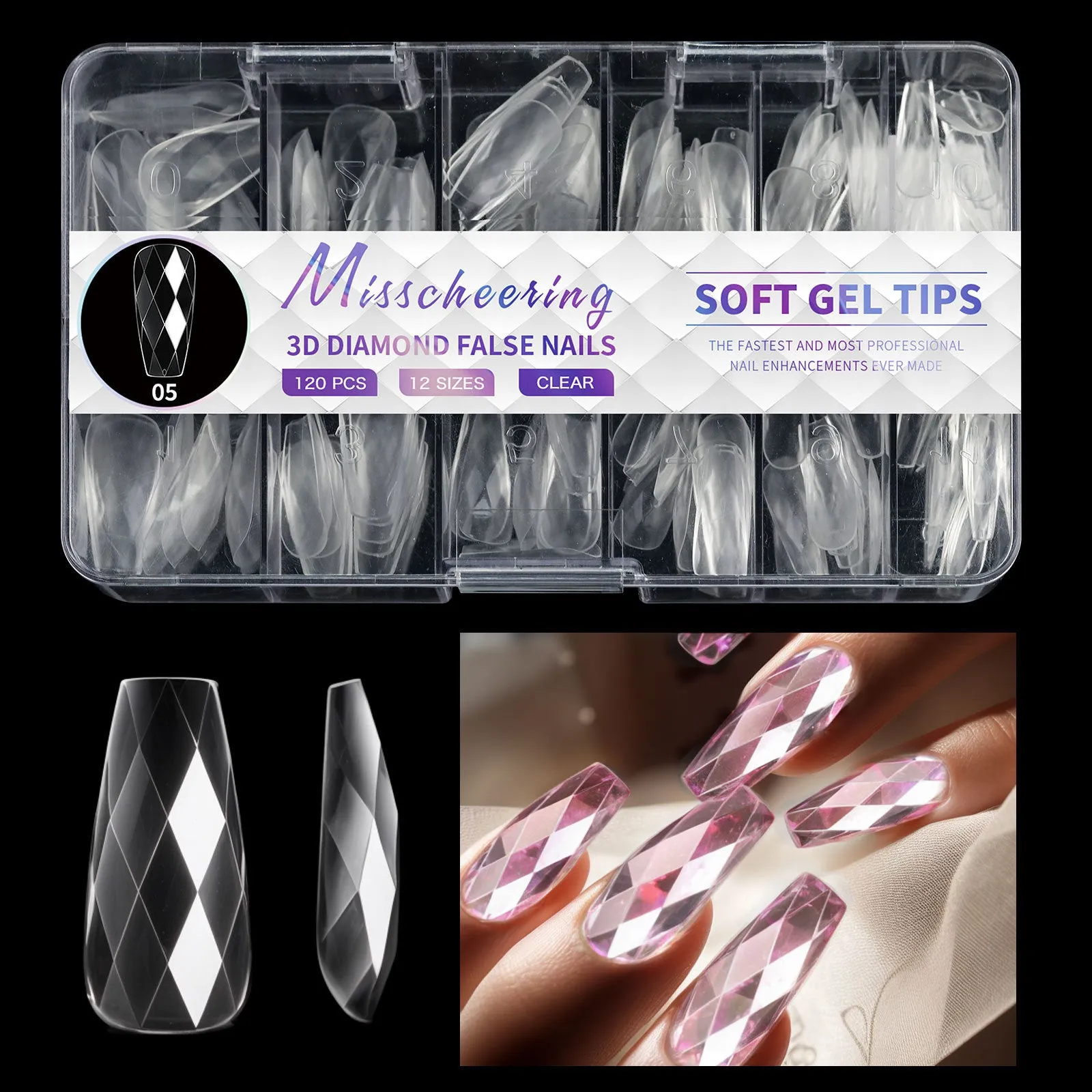 3D diamond design long nail tips in twelve colour variations, 120-140 pieces per box