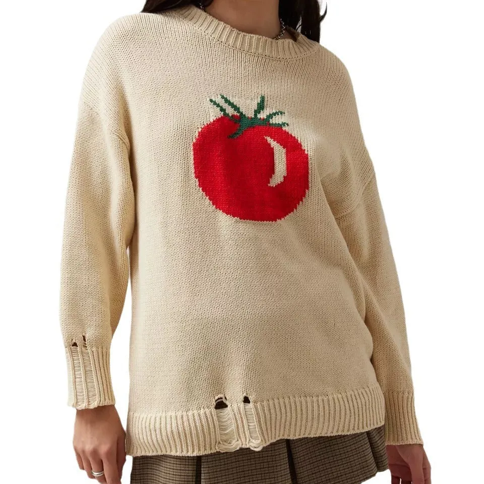 Women's beige acrylic jacquard loose-fitting pullover sweater with round neck and long sleeves.