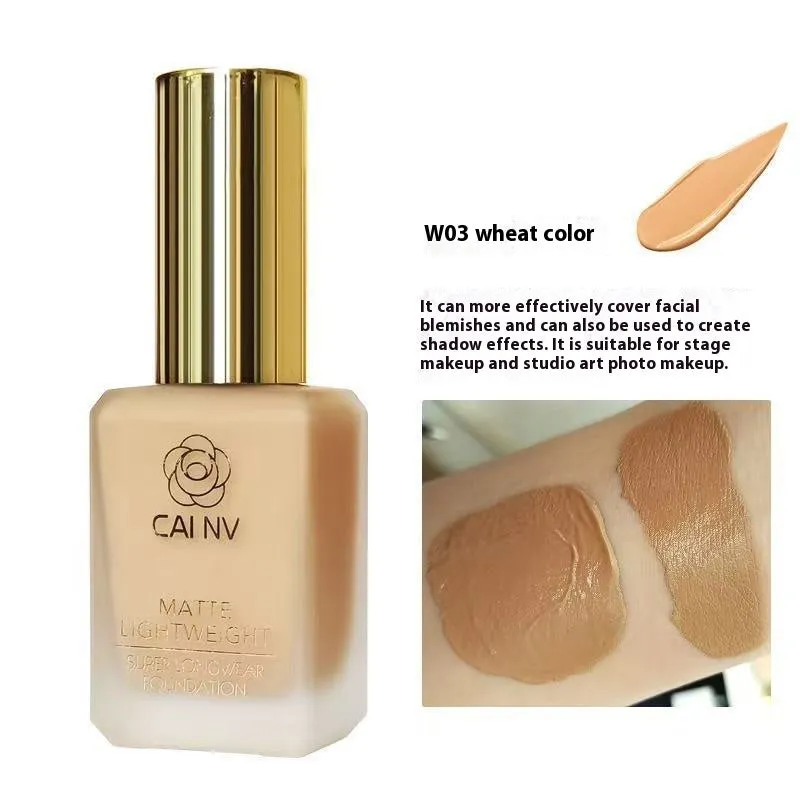 Liquid foundation bottle with discolouration resistance for mixed skin types in six shade options