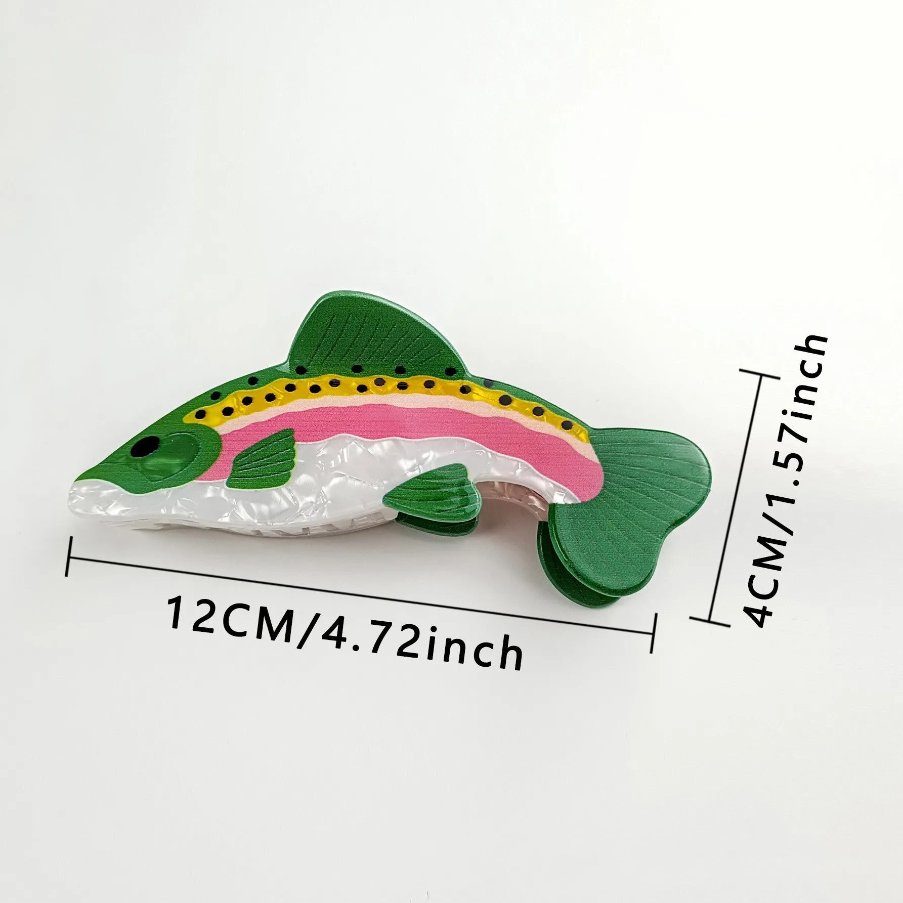 Dark green rainbow trout hair clip with printed carp elements and PVC construction