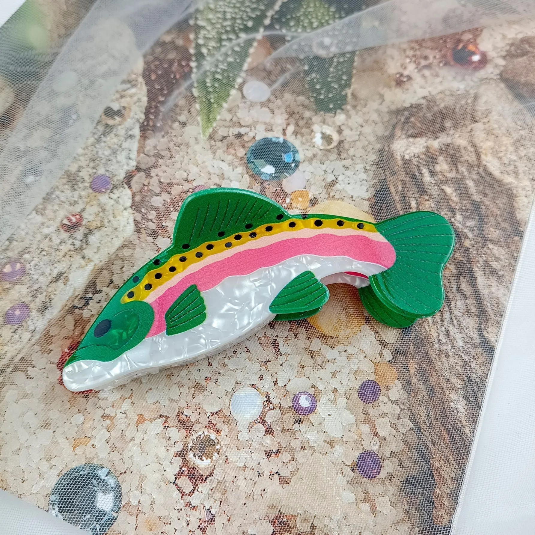 Dark green rainbow trout hair clip with printed carp elements and PVC construction