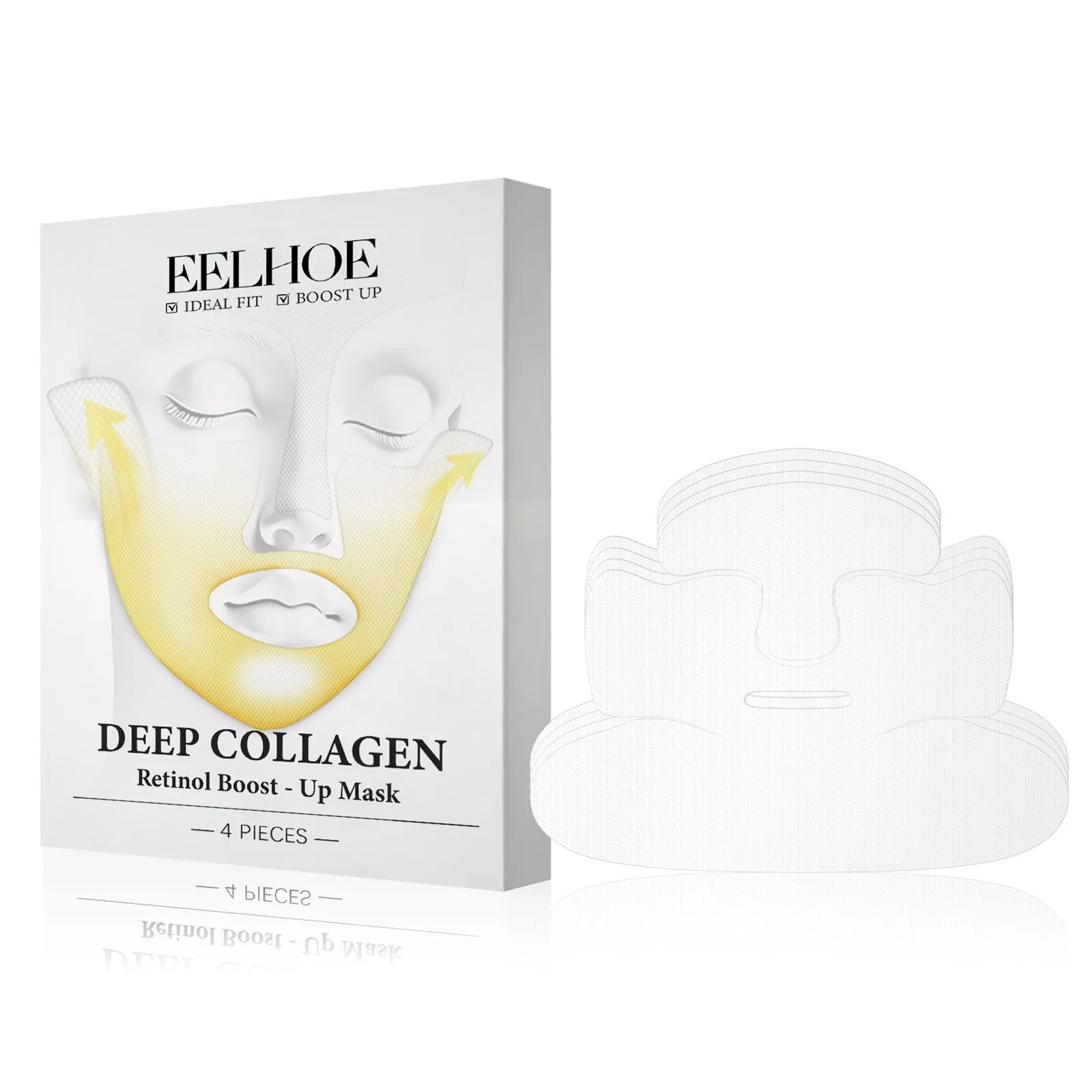 Four collagen facial sheet masks in individual packaging for skincare treatment