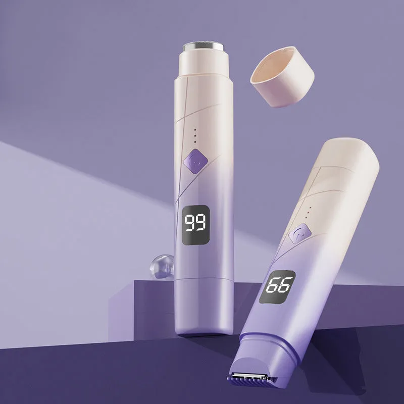 USB rechargeable women's hair removal shaver with digital display in gradient purple colour.