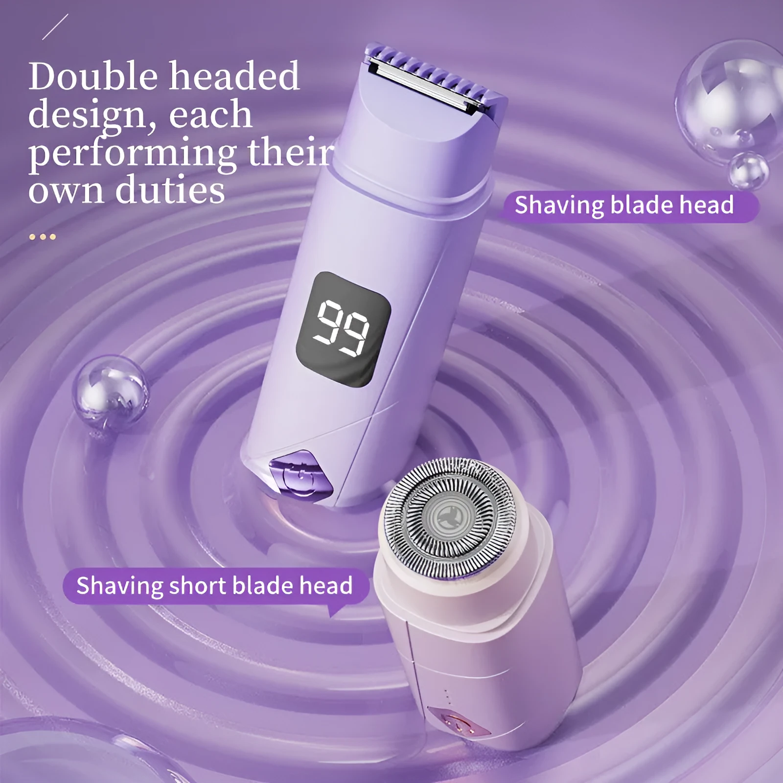 USB rechargeable women's hair removal shaver with digital display in gradient purple colour.
