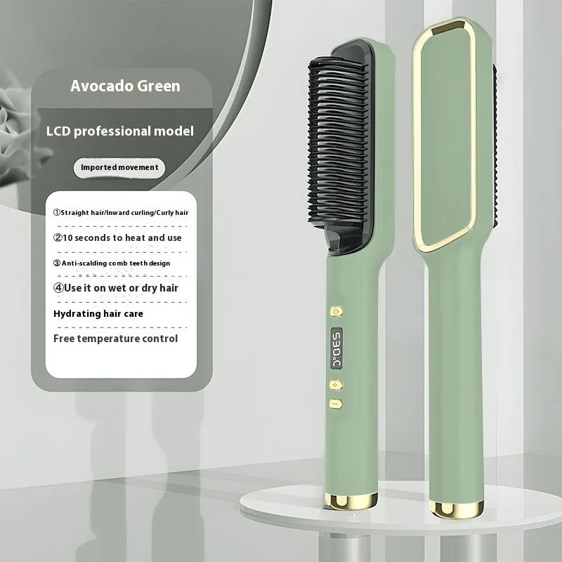 Negative ion hair straightening comb with LCD display in seven colour options including avocado green and cherry pink