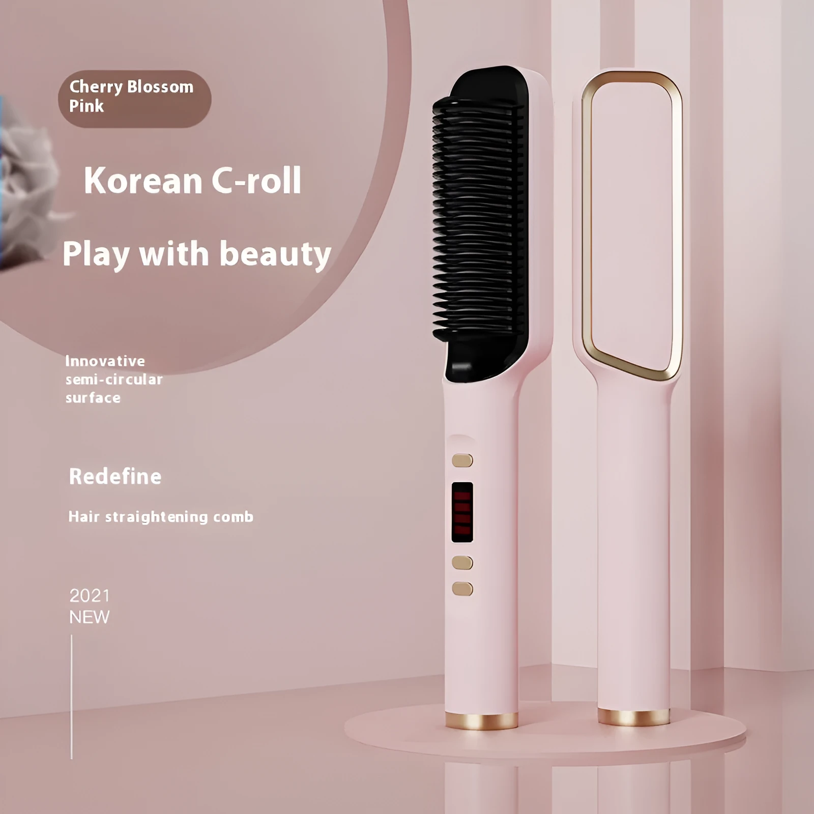 Negative ion hair straightening comb with LCD display in seven colour options including avocado green and cherry pink
