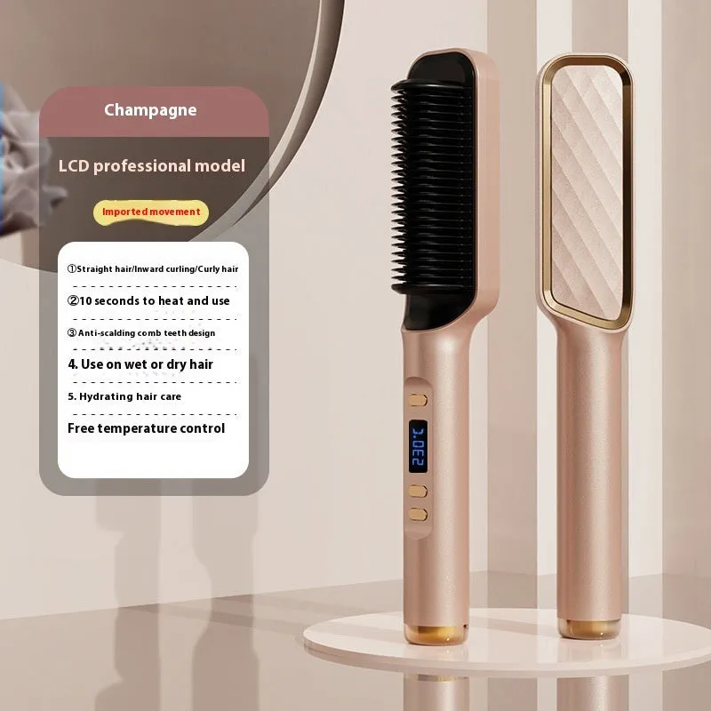 Negative ion hair straightening comb with LCD display in seven colour options including avocado green and cherry pink